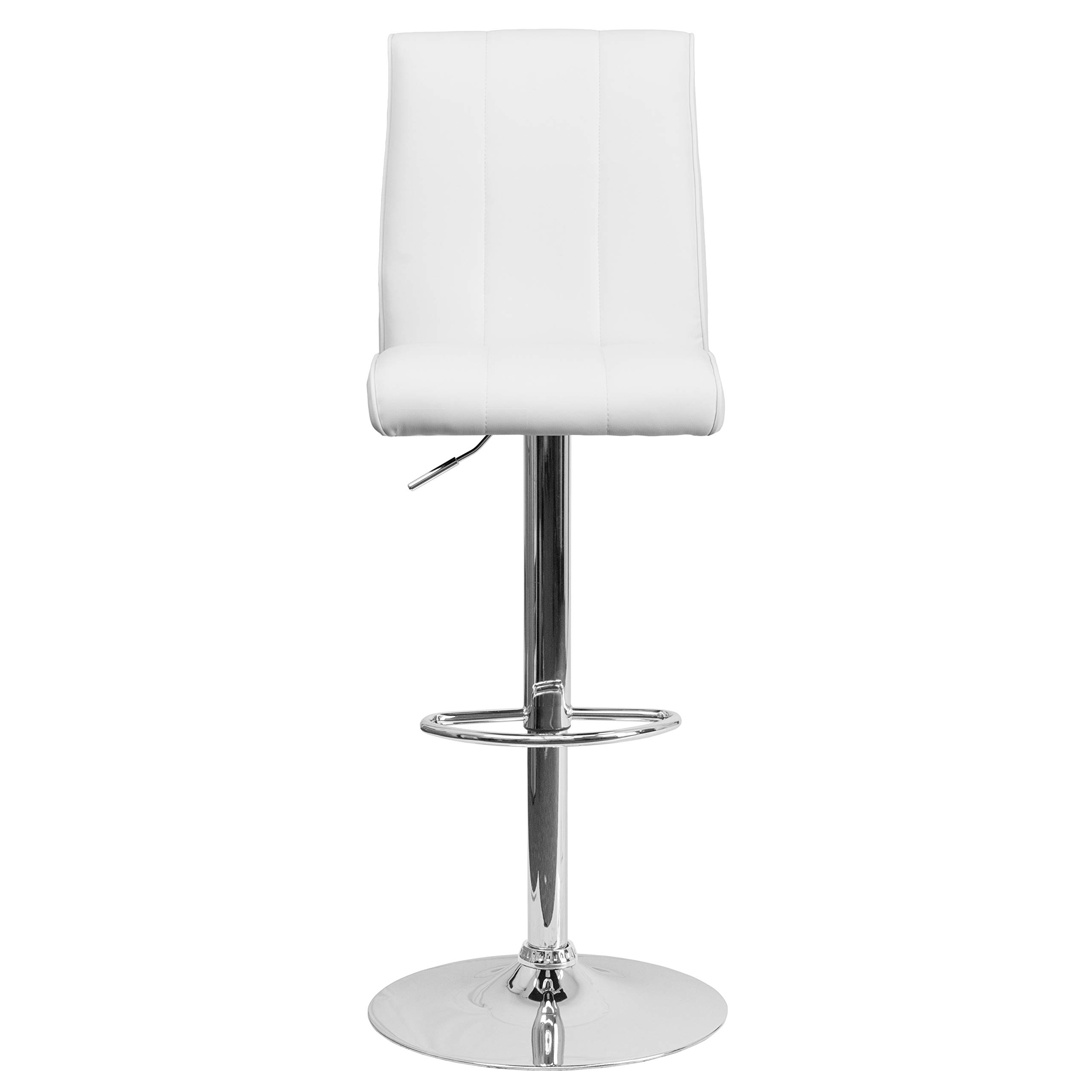 EMMA + OLIVER White Vinyl Adjustable Height Bar Stool with Vertical Stitch Panel Back - Perfect for Kitchen Islands, Breakfast Bars & Home Decor