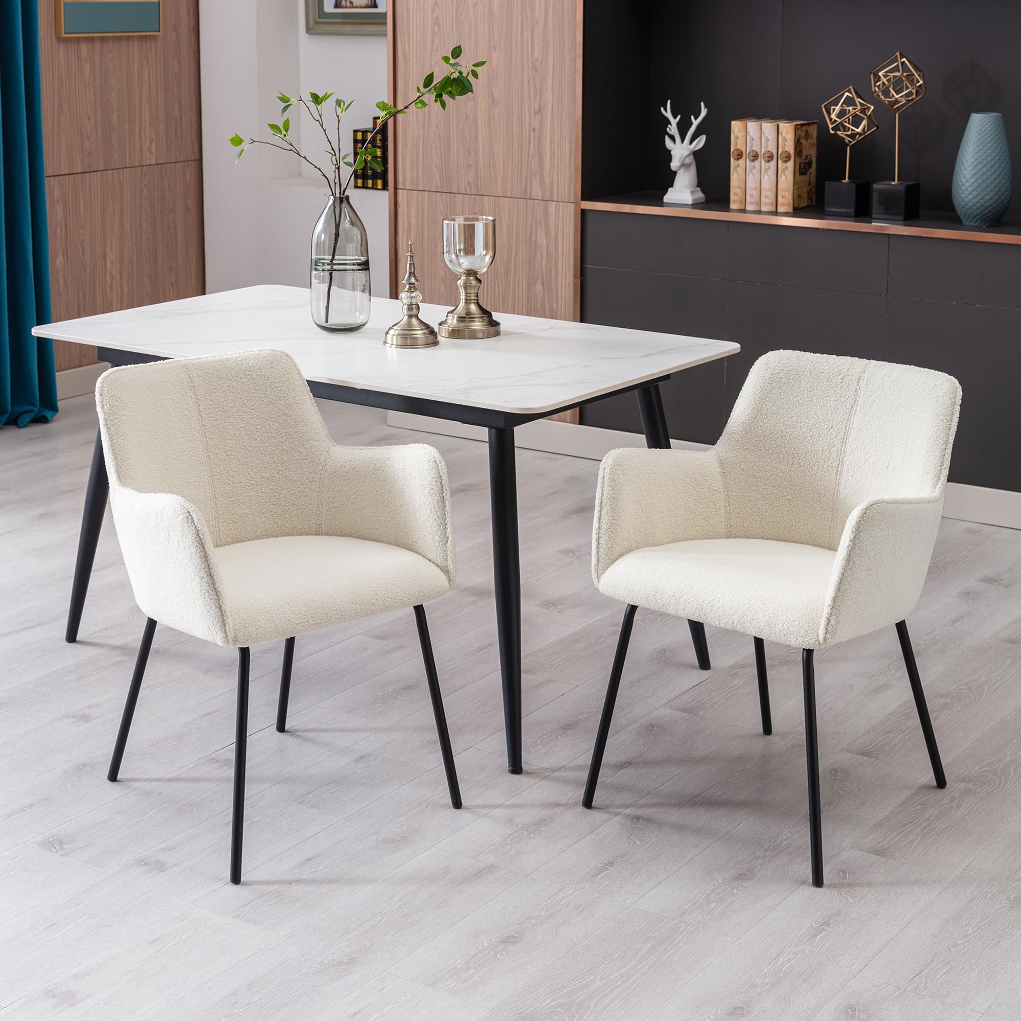 ONEVOG Modern Upholstered Sherpa Dining Chairs Set of 2 - Armrest Accent Chairs with Wide Seat for Kitchen, Living Room & Lounge - Comfortable Dinner Chairs for Home Decor & Entertaining