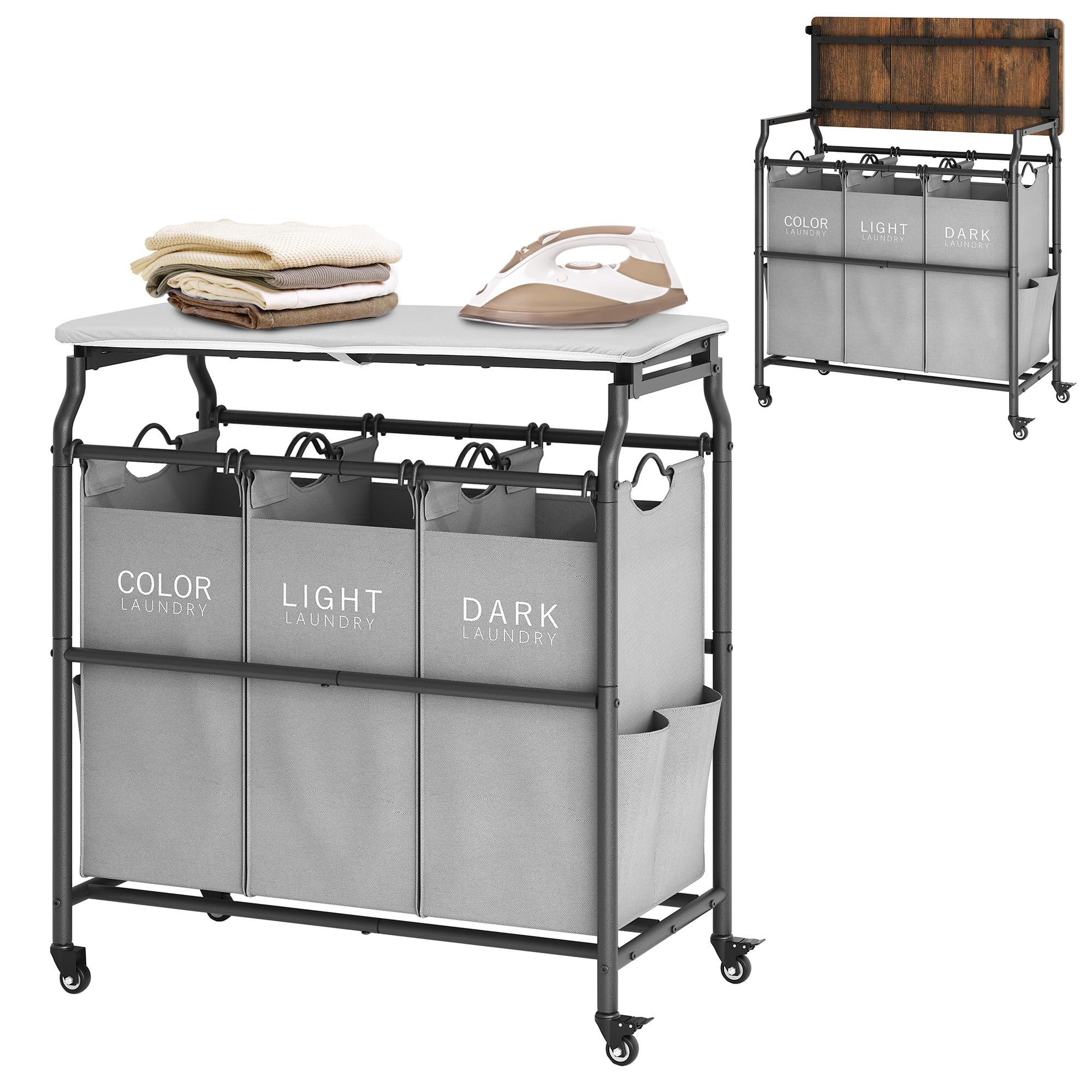 Hoctieon 3-Section Laundry Sorter Cart with Ironing Board & Removable Bags - Heavy Duty Rolling Laundry Hamper with Shelf & Wheels - Large Laundry Basket Organizer for Bedroom, Laundry Room & Dorm - Gray