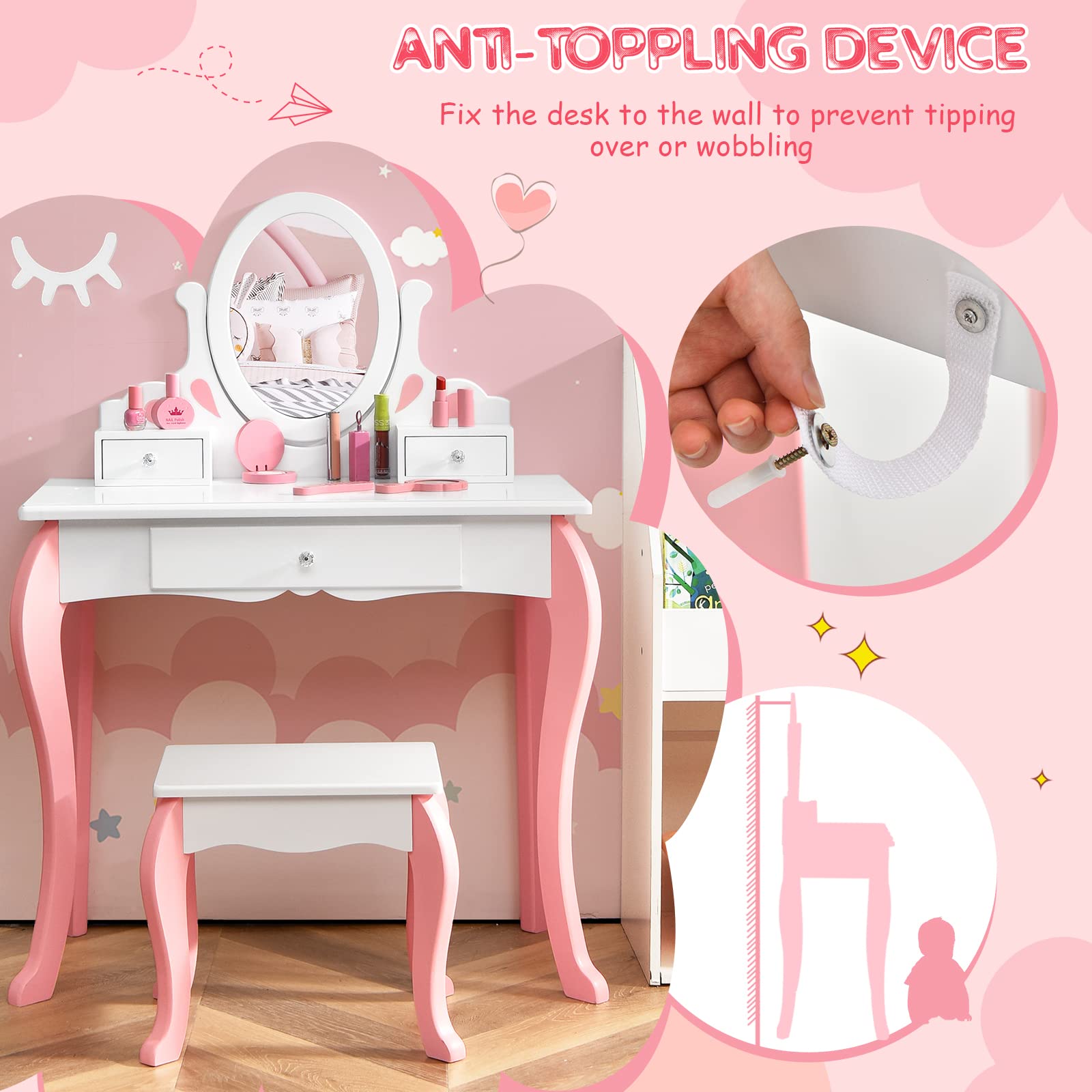 Olakids 2-in-1 Wooden Princess Vanity Set with 360° Rotating Mirror & Storage Drawer - Kids Makeup Table & Chair for Girls, Pretend Play Beauty Dressing Toy Gift (White) - Perfect for Bedroom Decor & Role Play Activities