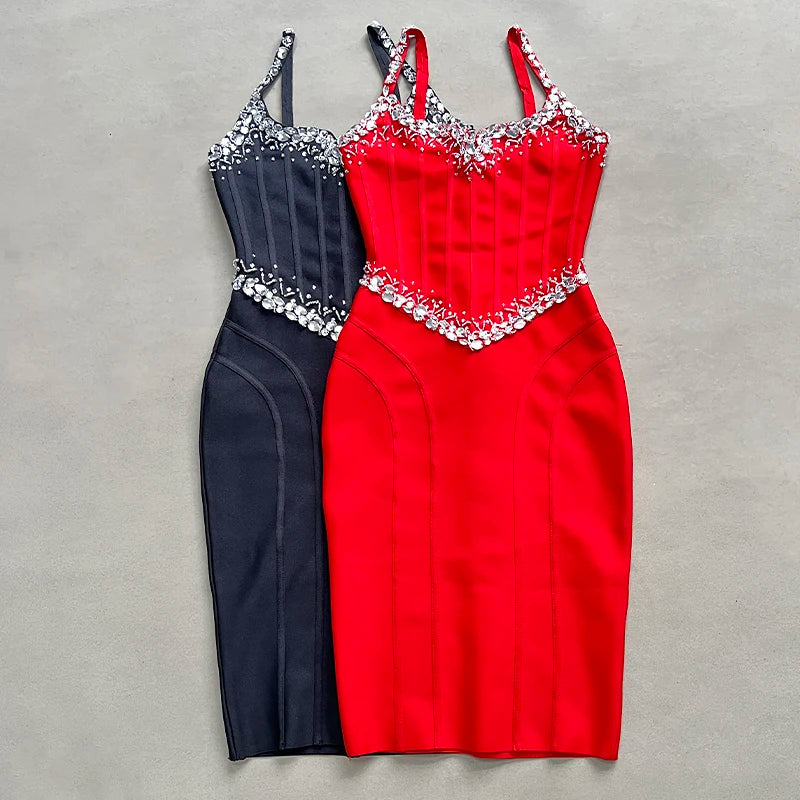 Sexy Black & Red Sleeveless V-Neck Bodycon Mini Dress for Women - Crystal Embellished Bandage Clubwear for Nightclub, Party & Birthday Celebrations | Perfect for Cocktail Parties, Date Nights & Special Occasions