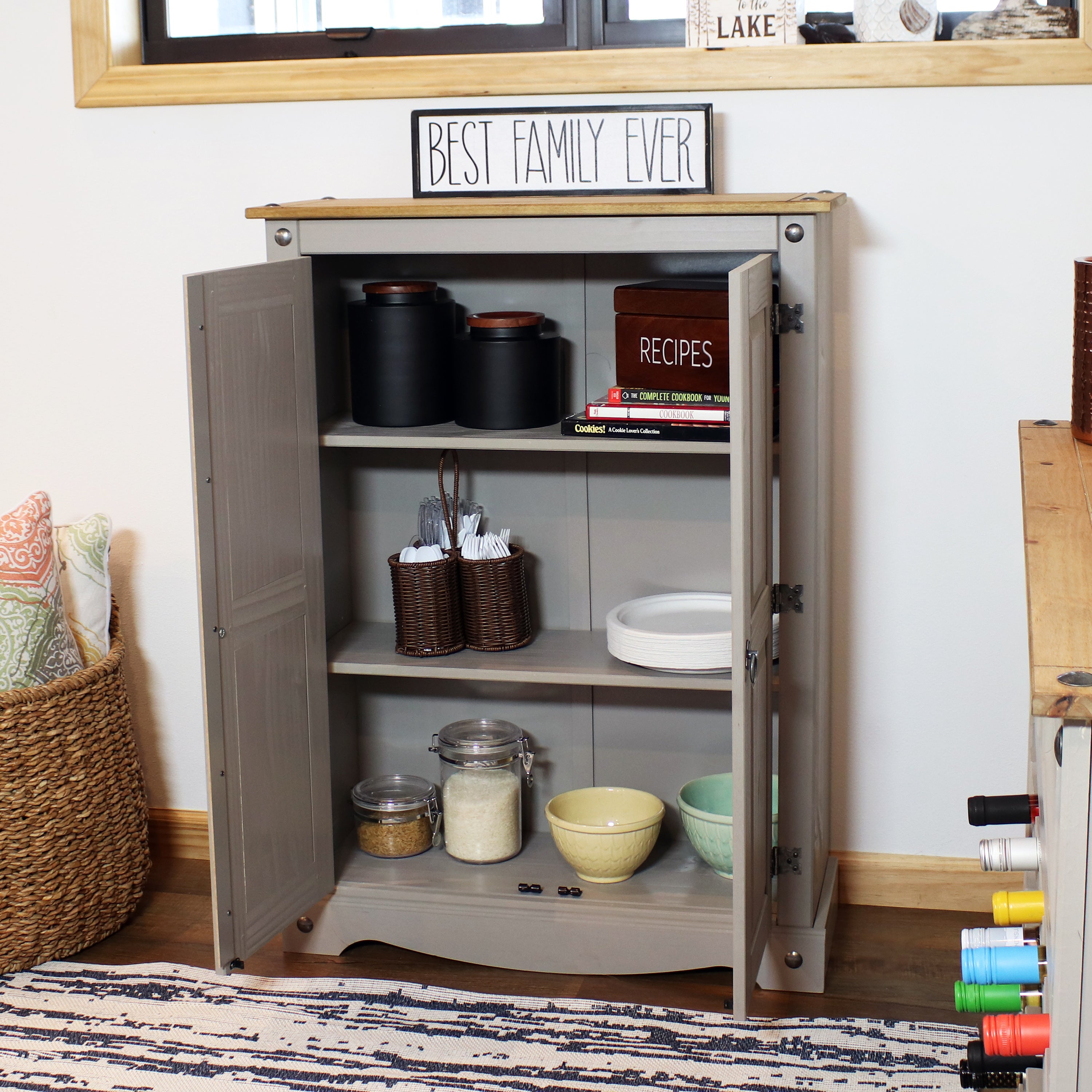 Sunnydaze 2-Door 2-Shelf Solid Pine Storage Cabinet in Gray - 43 Inches Tall | Perfect for Pantry, Kitchen, Bathroom, or Garage Organization