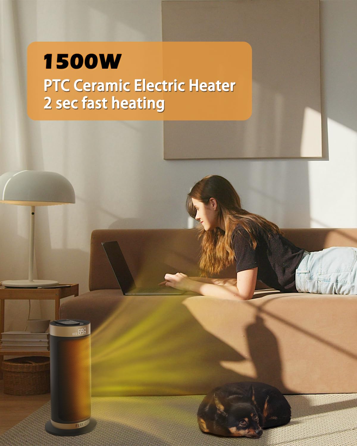 1500W PTC Ceramic Space Heater with Thermostat & Remote - 70° Oscillation, 1-12H Timer, Fast Heating for Indoor Use | Perfect for Office, Home Bedroom & Winter Warmth