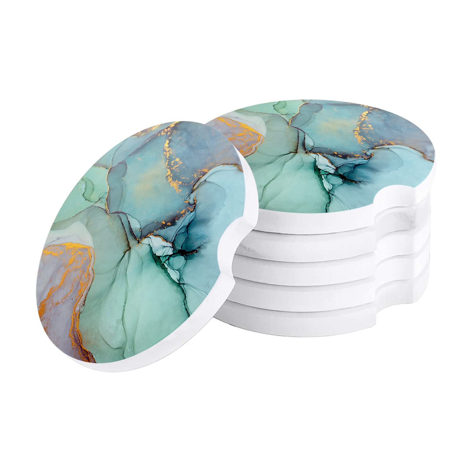 Non-Slip Absorbent Car Coasters Set of 6 - Premium Ceramic Cup Holders with Marble Turquoise Design & Finger Notch for Easy Removal | Waterproof Car Accessories for Coffee, Drinks & Spill Protection - Perfect for SUV, Sedan & Truck