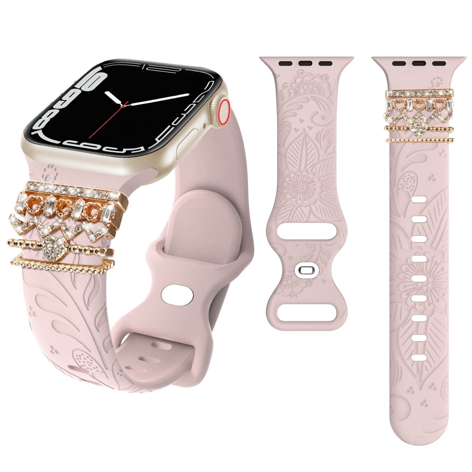 SKYLET Floral Engraved Apple Watch Band for Women - Compatible with 38mm 40mm 41mm 42mm 44mm 45mm 49mm iWatch Ultra/SE/Series 8/7/6/5/4/3/2/1 - Decorative Charm Bracelet with Ring Loops | Perfect for Workouts, Office Wear & Fashion Accessories