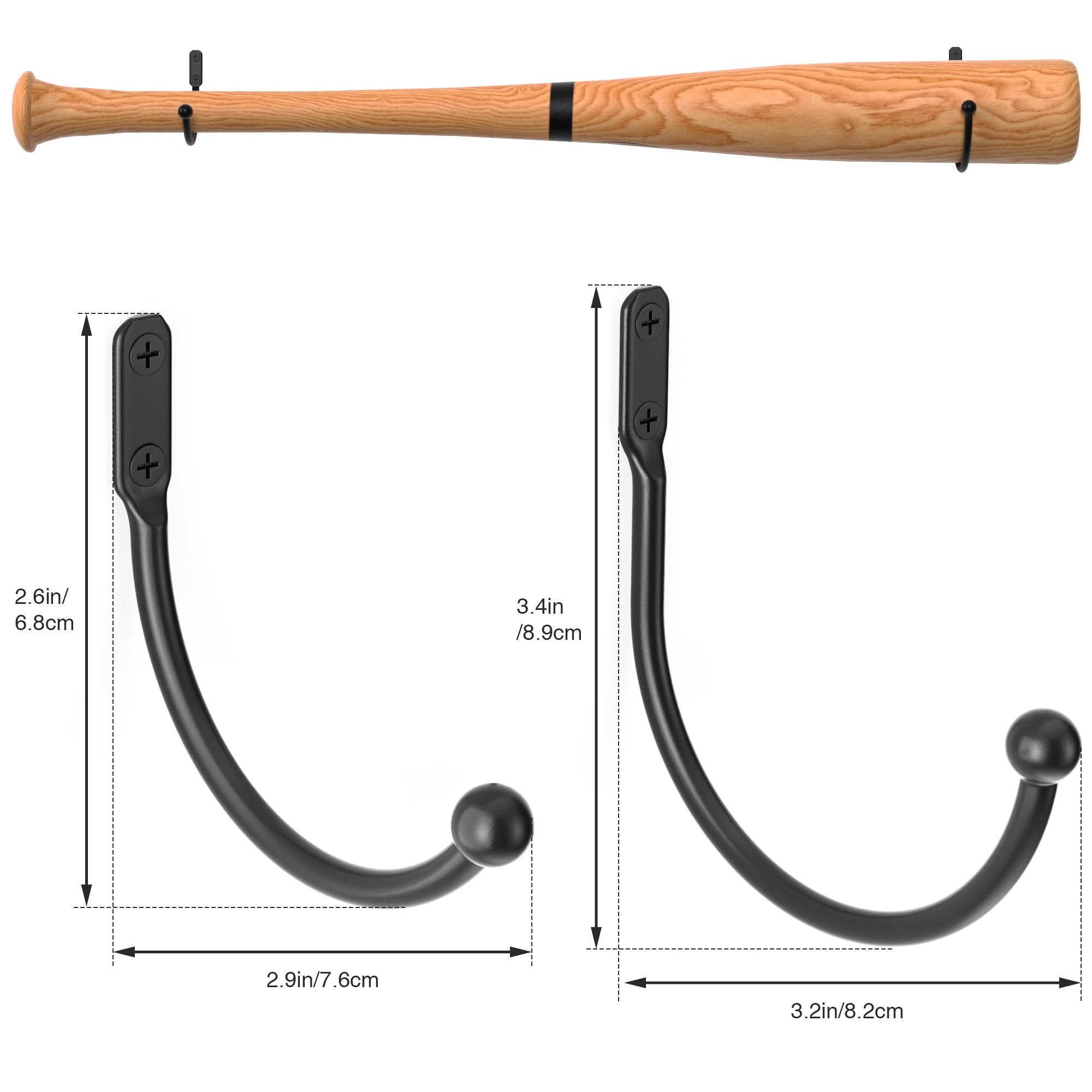 Black Iron Baseball Bat Holder Wall Mount - Heavy Duty Softball Bat Display Rack & Storage Case with Hanging Hooks | Perfect for Living Room, Bedroom, Entryway, Garage Organization & Sports Decor