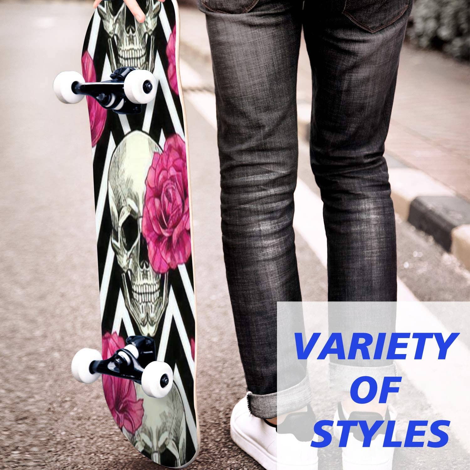Skull & Pink Roses Geometric Skateboard - Classic Concave Longboard for Beginners & Pros | Extreme Sports Gear, Cool Teen Gifts | Perfect for Street Skating, Park Tricks & Commuting
