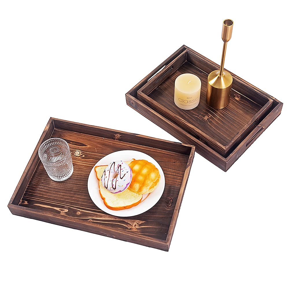 Rustic Wooden Serving Tray Set of 3 - Handled Nesting Trays for Coffee, Food & Drinks | Ottoman Tray, Decorative Platter for Dining, Living Room & Bedroom Use | Brown Retro Style Wood Trays