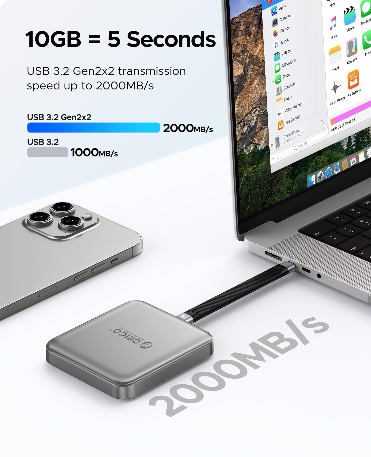 ORICO 1TB Magnetic External SSD - Ultra Fast 2000MB/s Portable Solid State Drive for 4K ProRes HDR Recording & Storage | Compatible with Smartphones, Tablets, Computers (A20PLUS) | Perfect for Video Editing, Gaming & Data Backup
