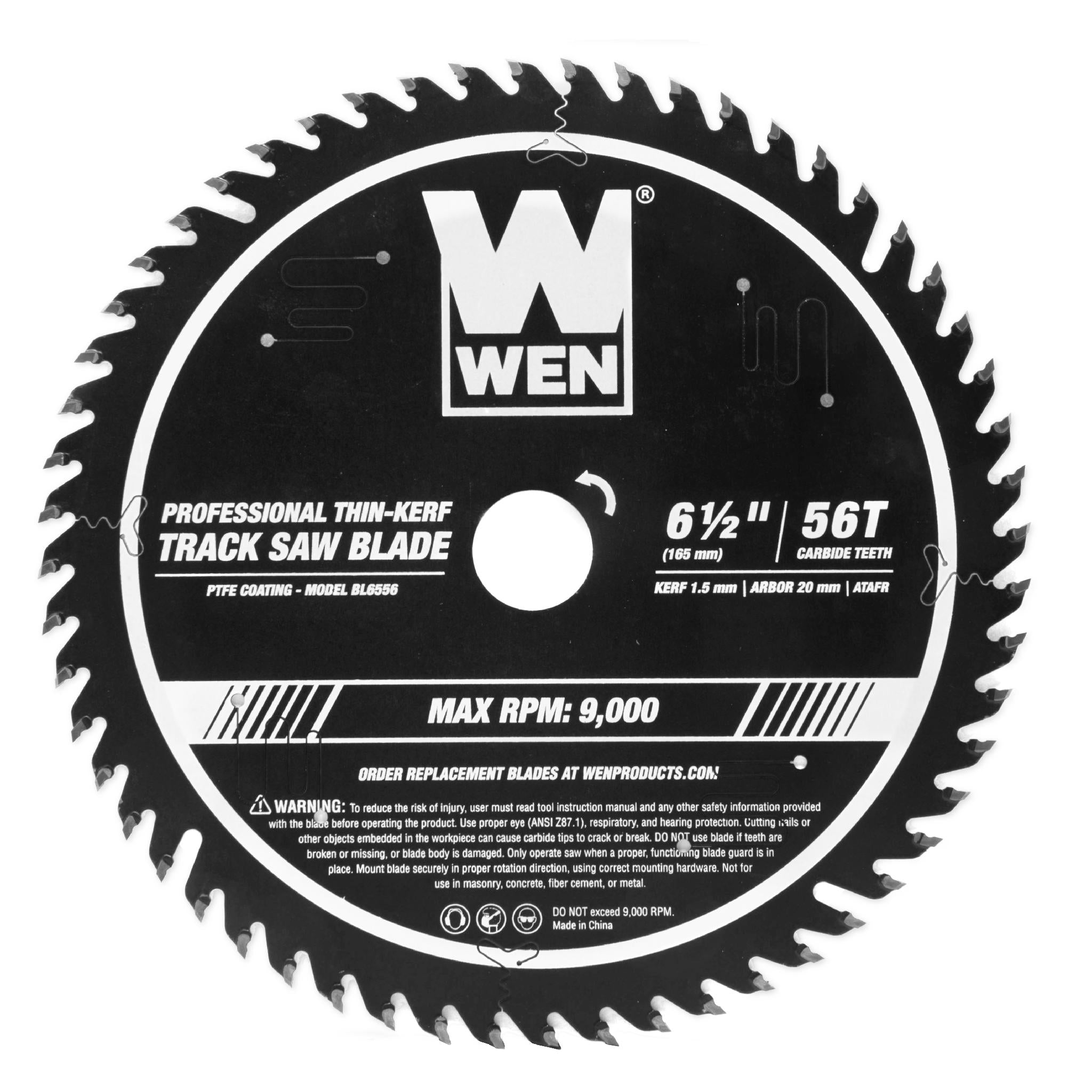WEN BL6556 6.5 Inch 56 Tooth Carbide Tipped Thin Kerf Professional ATAFR Track Saw Blade with PTFE Coating - Perfect for Woodworking, Plywood Cutting and DIY Projects