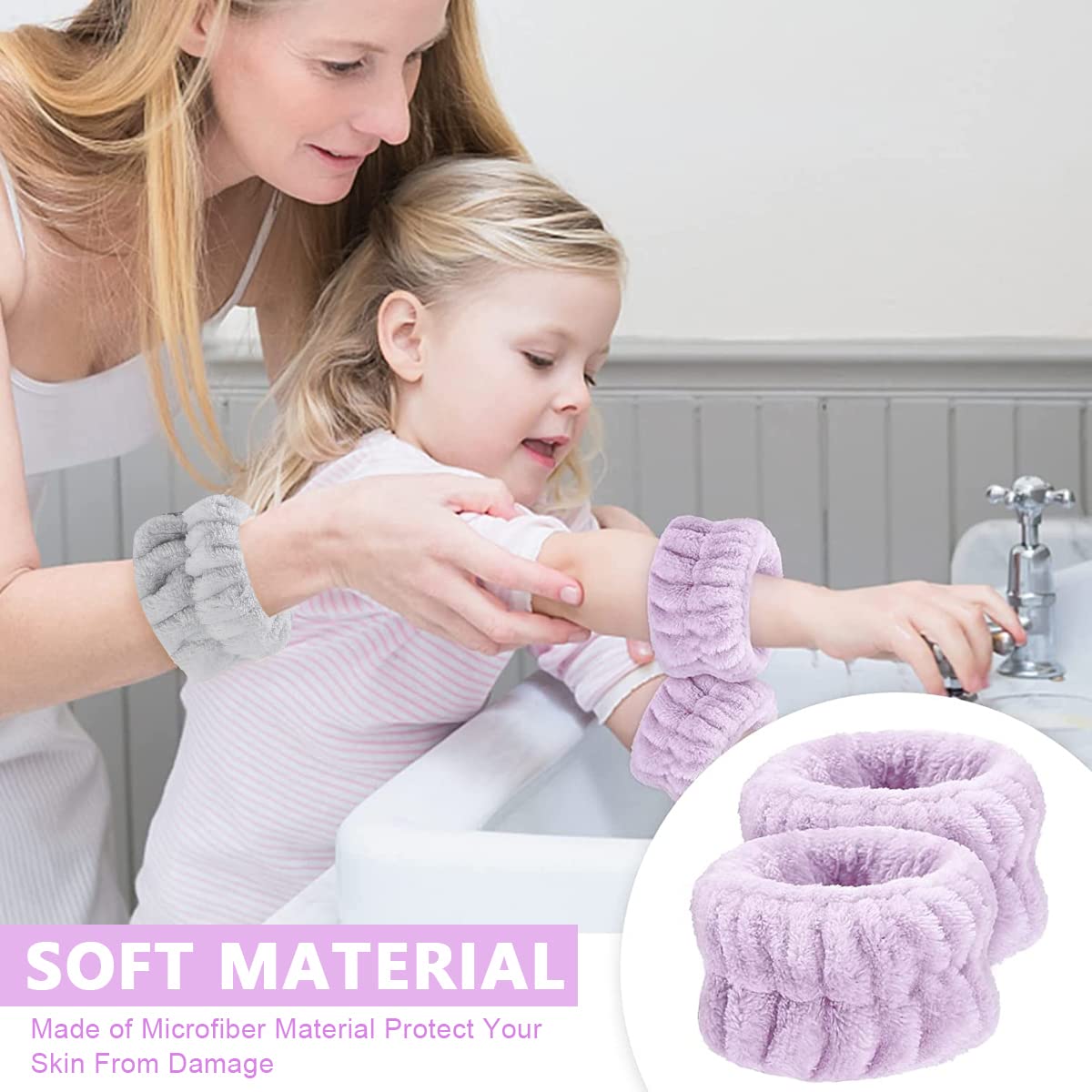 MAYCREATE® 2 Pairs Absorbent Spa Wristbands for Women - Soft Facial Washing Bands for Skincare, Yoga & Fitness - Purple & Gray - Perfect for Daily Face Cleansing, Gym Workouts & Beauty Routines