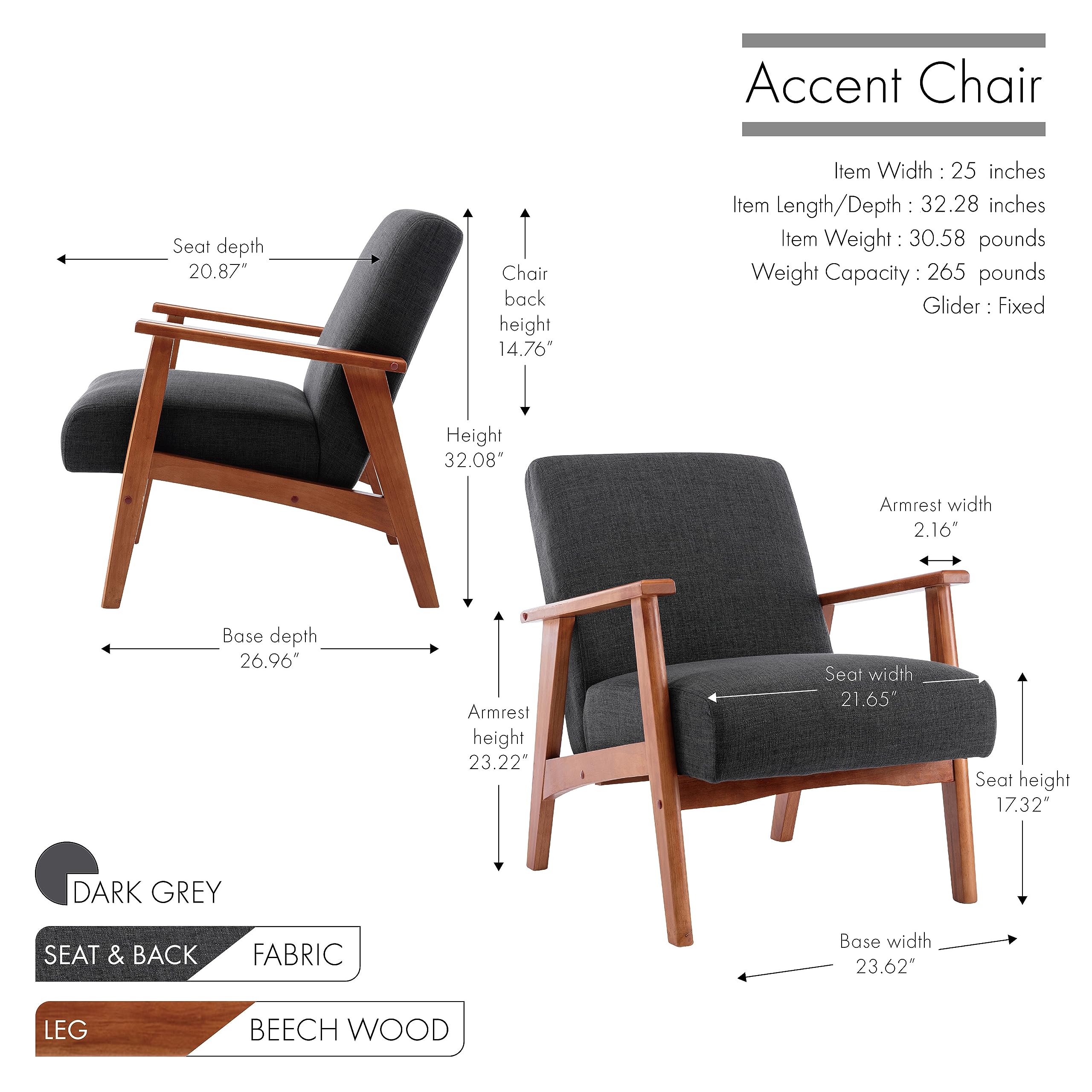Porthos Home Layla Accent Chair with Beech Wood Legs & Fabric Upholstery - Modern Armchair for Living Room, Bedroom & Office Decor - Perfect for Reading Nooks, Cozy Corners & Small Spaces