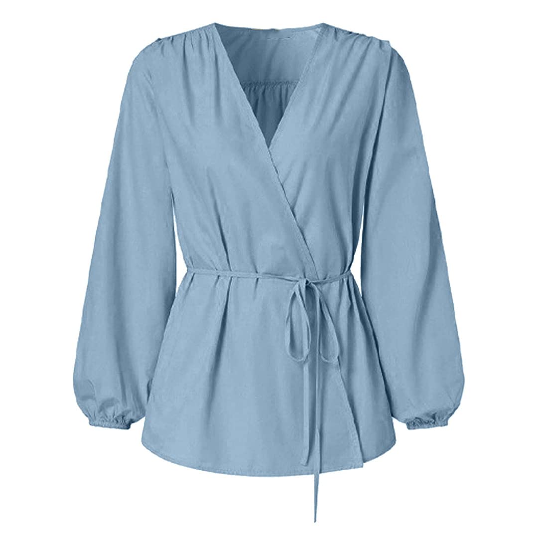 Women's Long Sleeve V-Neck Ruffle Blouse - Off Shoulder Tie Waist Wrap Top in Blue (XXL) | Elegant Casual Wear for Office, Date Night & Special Occasions