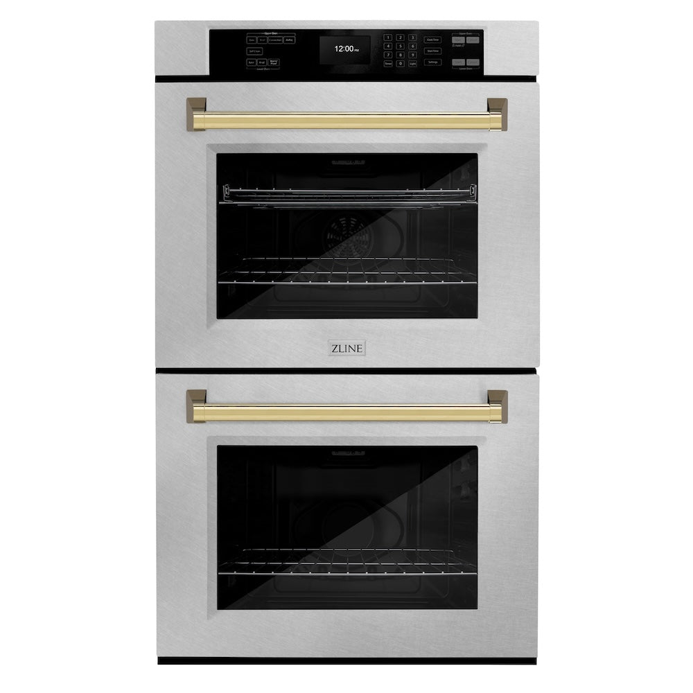 ZLINE Autograph Edition 30-Inch Professional True Convection Double Wall Oven with Air Fry & Self-Clean - Satin Stainless Steel with Polished Gold Handles (WADSZ 30 G) - Perfect for Home Chefs & Modern Kitchens