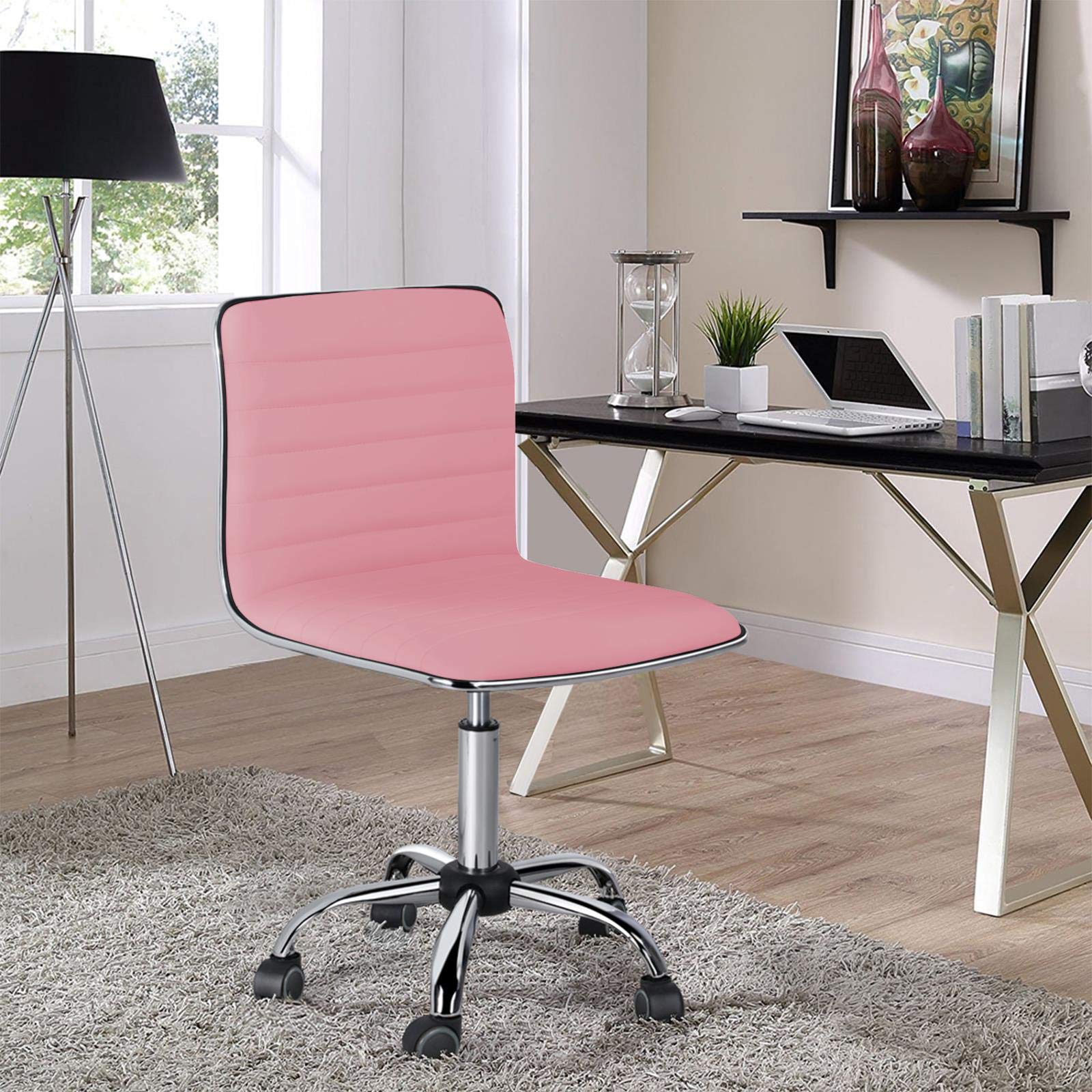 Yaheetech Executive PU Leather Office Chair - Adjustable Low Back Swivel Task Chair with Wheels, Armless Design for Home & Office Workspace - Perfect for Small Spaces, Study Rooms & Modern Workstations (Pink)