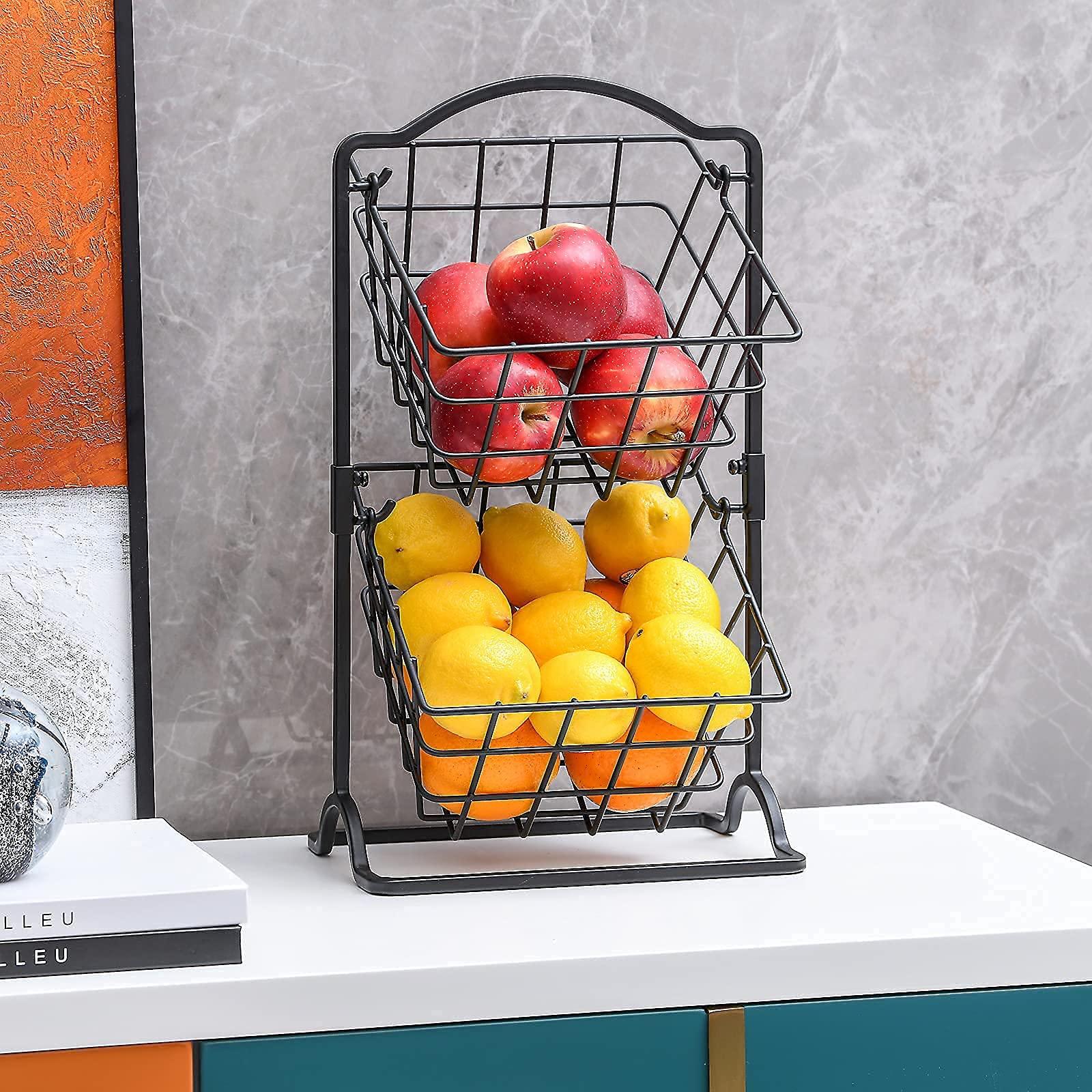 2-Tier Iron Fruit Basket for Kitchen Counter - Wire Hanging Storage Organizer for Fruits, Vegetables & Bread - Matte Black - Perfect for Pantry, Dining Table & Countertop Organization