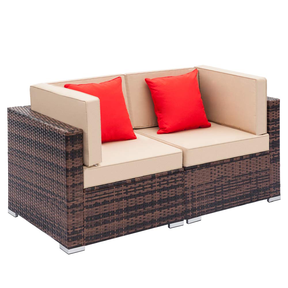 2-Piece PE Wicker Rattan Outdoor Patio Furniture Set - All-Weather Handwoven Sectional Sofa with Cushions & 2 Pillows (Brown Gradient/Beige) for Porch, Garden, Poolside & Backyard Relaxation