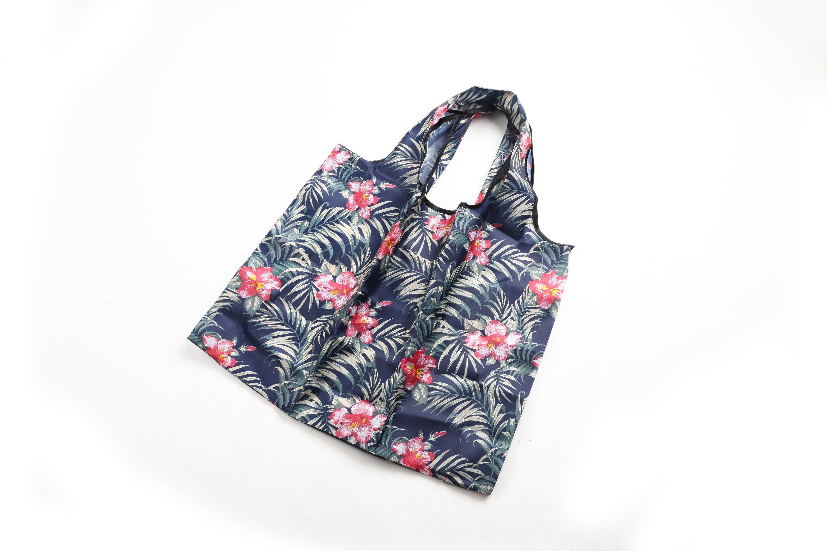 Foldable Tote Bag for Women - Jackie Monstera Hibiscus Navy Blue - Perfect for Shopping, Beach, Travel & Work Commute