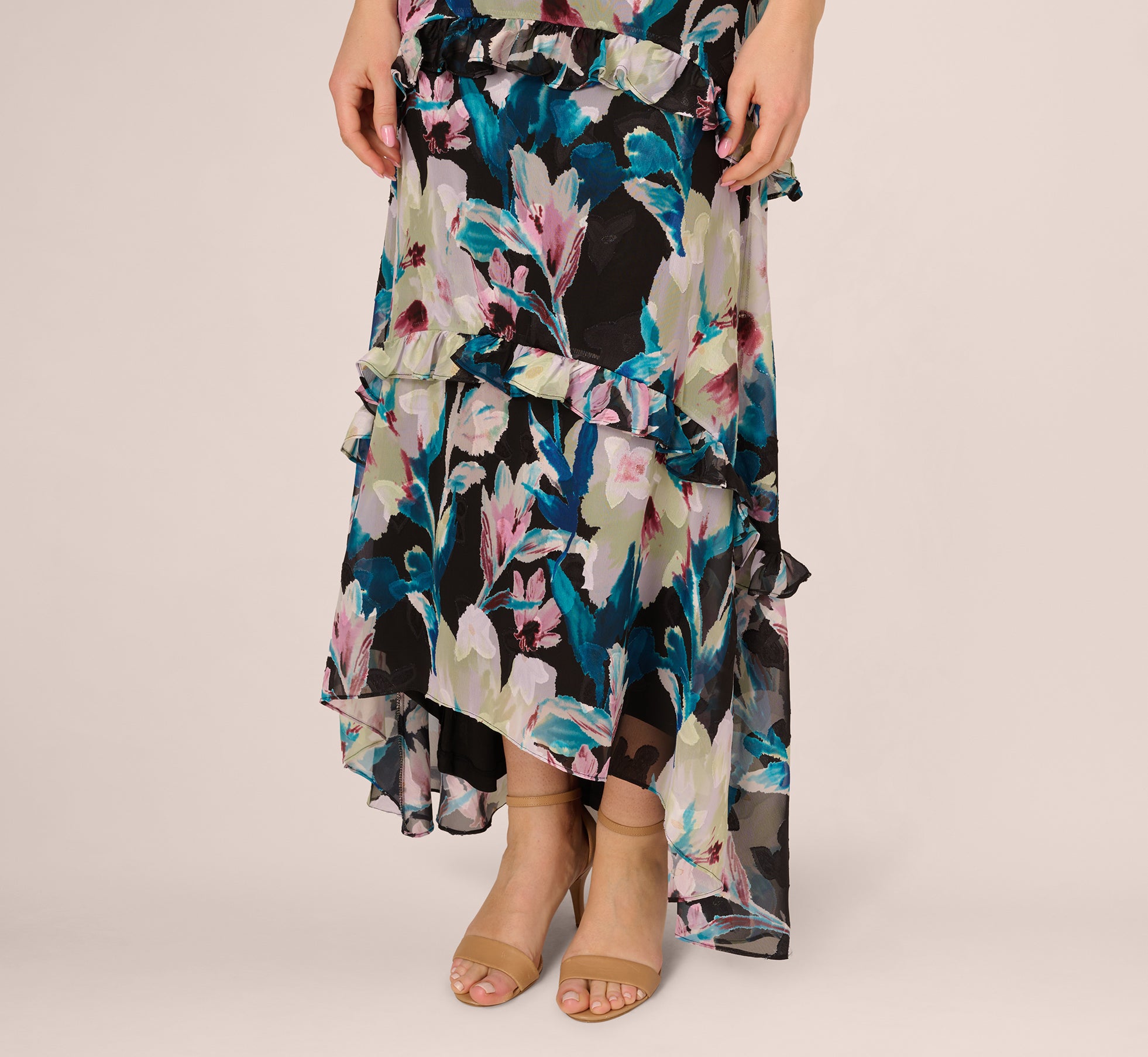 Elegant Sleeveless Floral Chiffon High-Low Ruffle Evening Gown in Black & Multi Colors - Perfect for Prom, Cocktail Parties & Summer Weddings