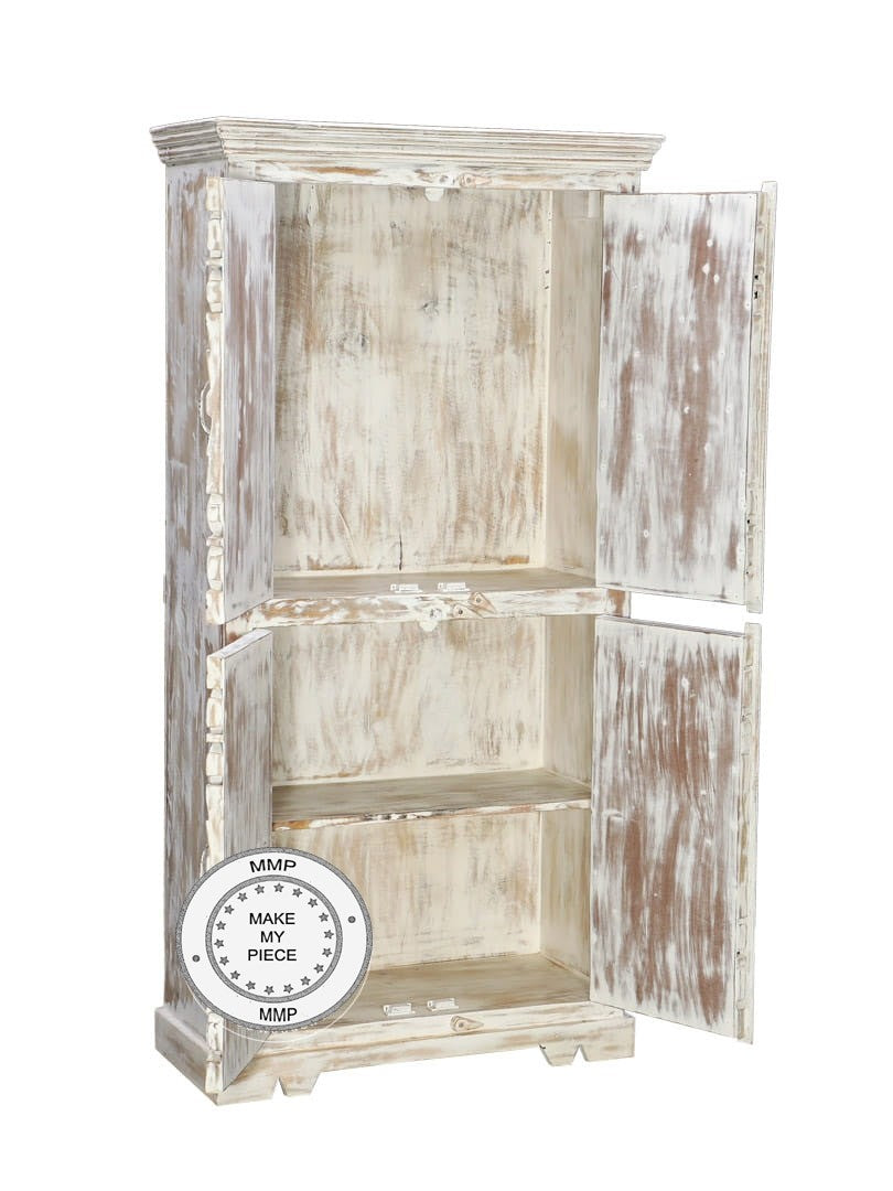 Hand Carved Indian Solid Wood Wardrobe Bookshelf Cabinet - White | Vintage Style Storage for Bedroom, Living Room & Office