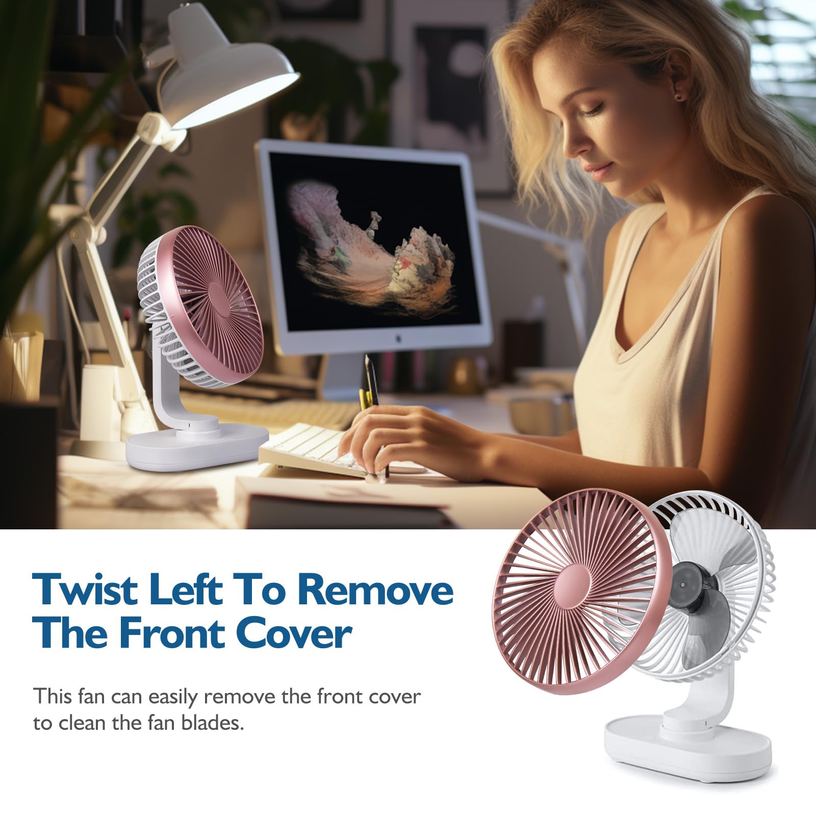 CONBOLA Small Desk Fan for Bedroom & Office - 4000mAh Rechargeable Battery Operated Fan with 90° Vertical & 120° Oscillation - 4 Speed Quiet Air Circulator for Home, Dorm, Office & Travel - Pink Portable Table Fan for Cooling & Airflow