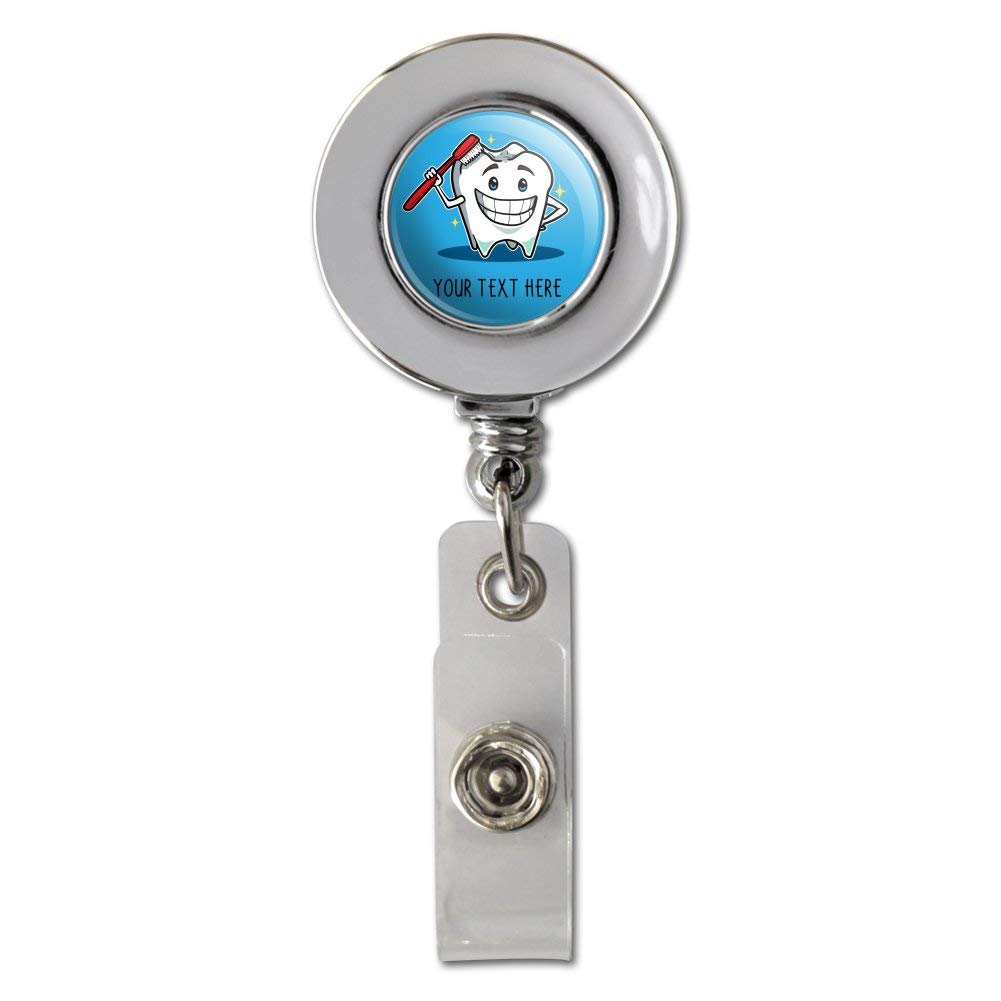Personalized Custom 1 Line Happy Tooth Dentist Retractable Reel Chrome Badge ID Card Holder Clip - Perfect for Dental Professionals, Nurses & Healthcare Workers - Ideal for Conferences, Hospitals & Office Use