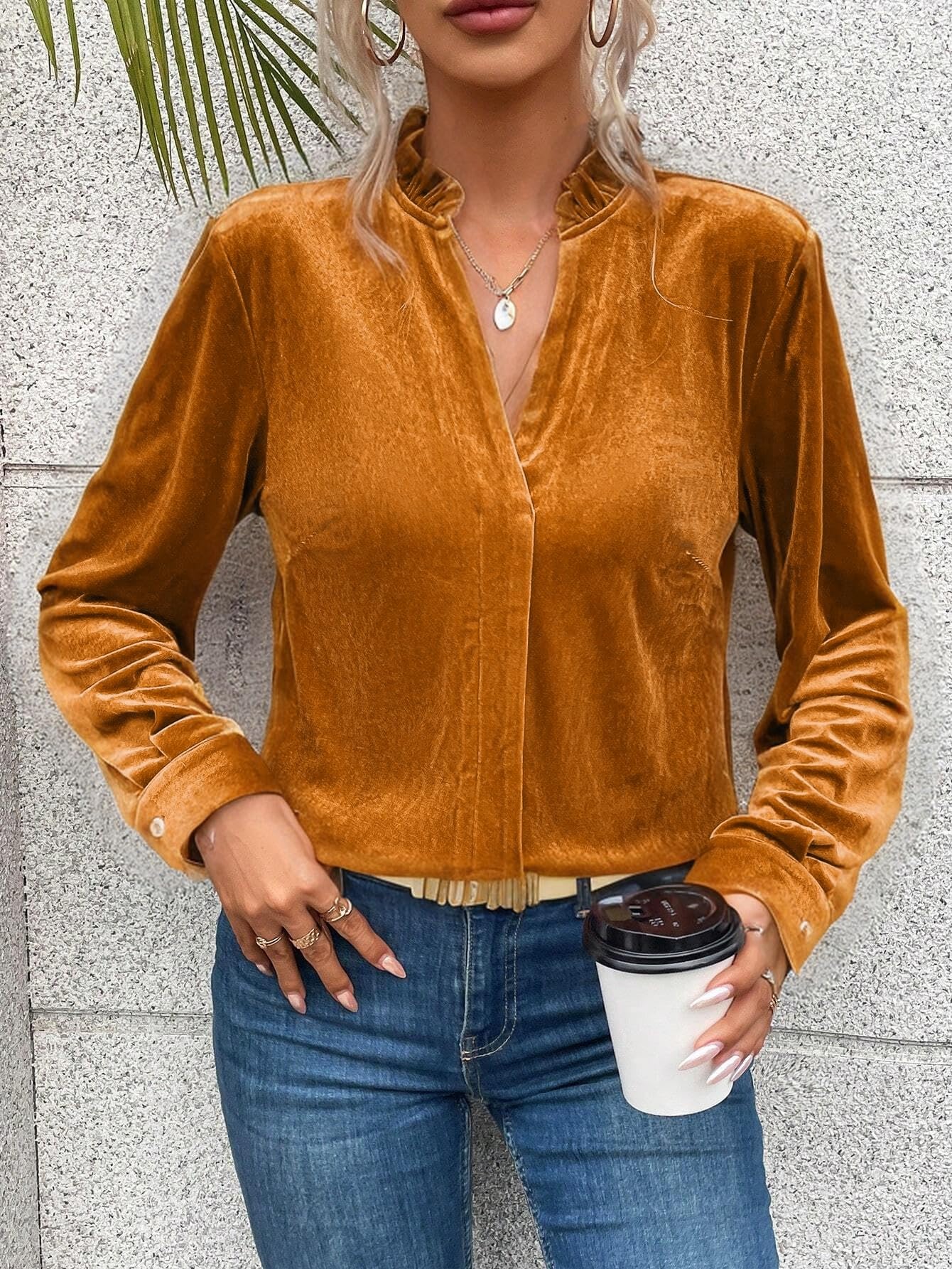 Women's Velvet Long Sleeve V-Neck Tunic Blouse - Soft Casual Loose Fit Shirt for Work, Date Night & Holiday Parties