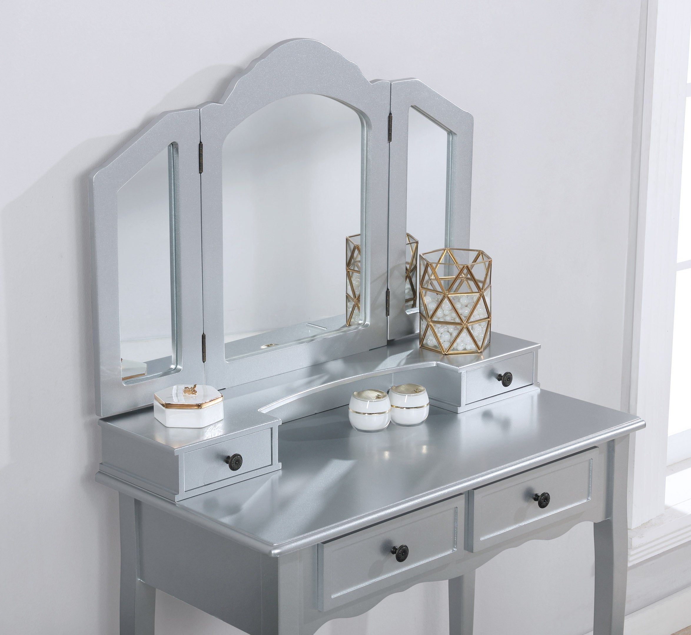 Roundhill Furniture Sanlo Wooden Vanity Set with Stool - Silver Finish Makeup Dressing Table for Bedroom & Bathroom | Elegant Vanity Desk with Mirror for Women & Girls