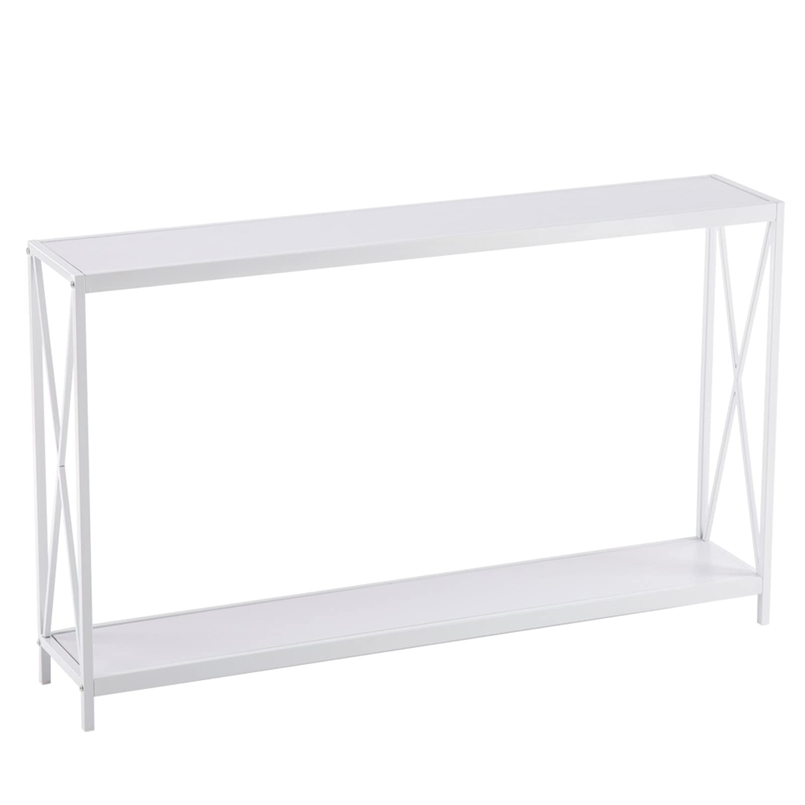 Mushugu GT3-DL Triamine Board Cross Iron Frame Porch Table Sofa Side Table - White Wood Grain - Perfect for Outdoor Patio, Living Room, and Garden Decor