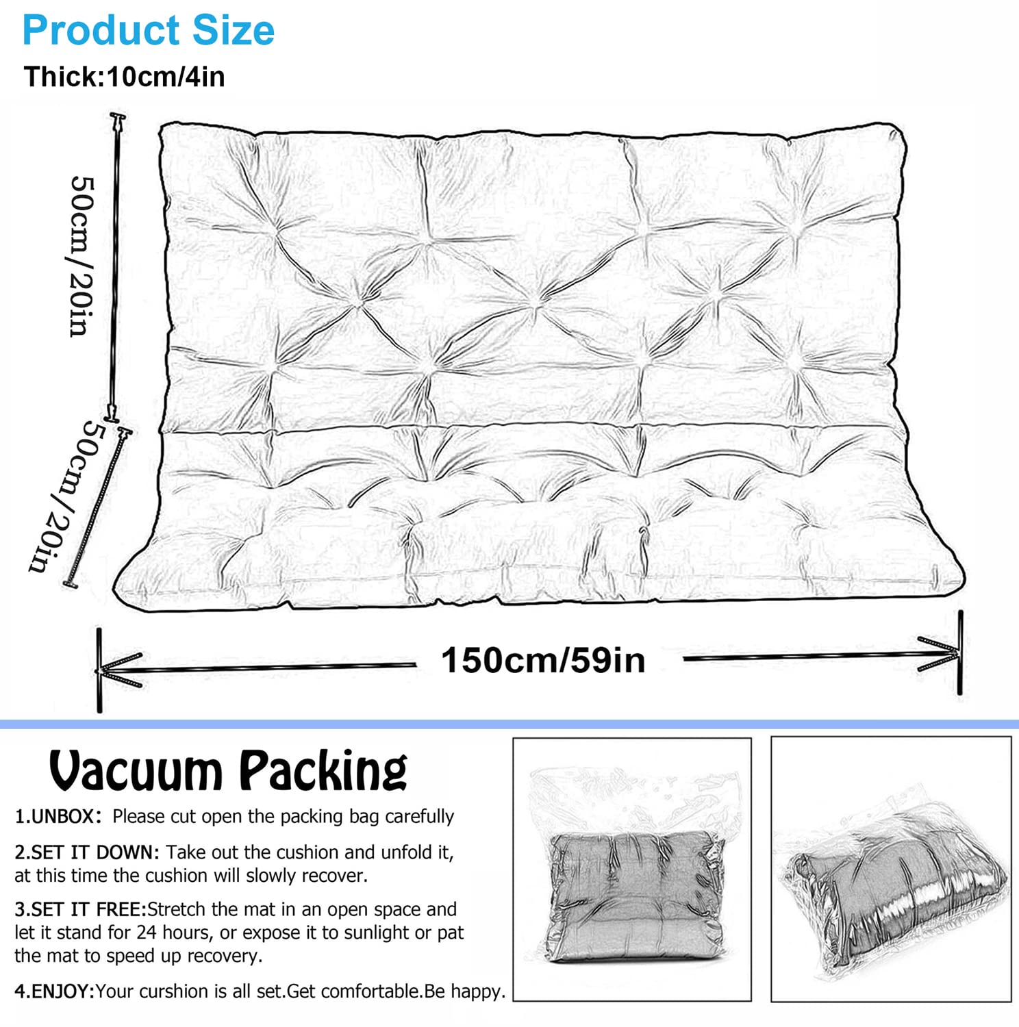 **Replacement Swing Chair Cushion – Soft Waterproof Garden Bench Cushion with Backrest & Non-Slip Ties – 40x59 Inch Dark Grey – Perfect for Porch, Patio & Outdoor Relaxation**