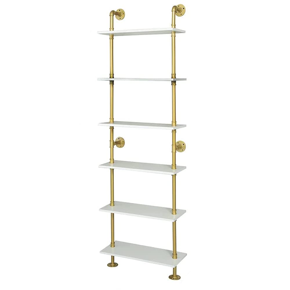 HEONITURE Industrial Gold 6-Tier Wall Mounted Ladder Bookshelf - Rustic Gold Storage Shelf for Books, Decor & Display - Perfect for Living Room, Home Office & Study Spaces - Durable Bookcase for Home Organization & Stylish Interior Design