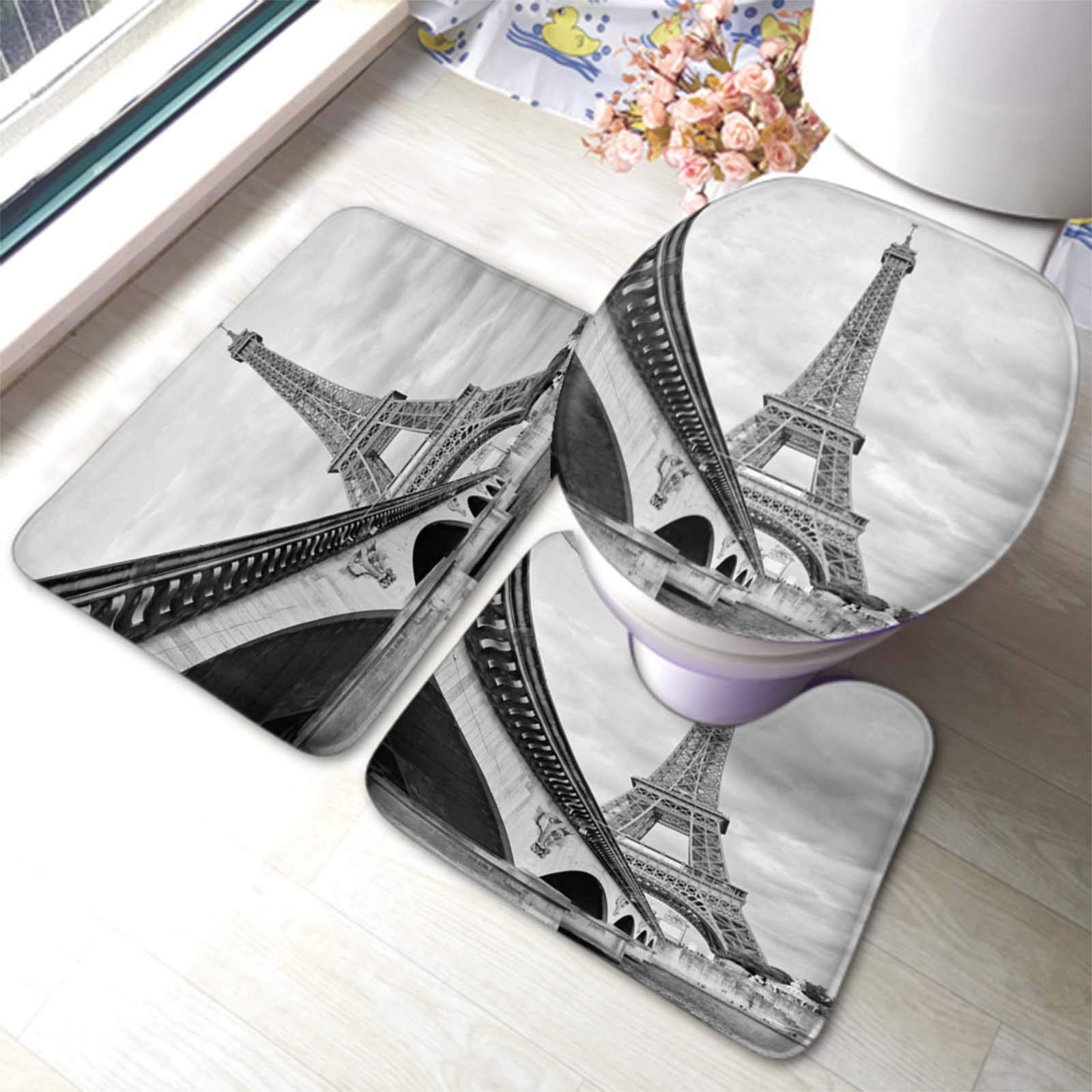 Premium 3-Piece Eiffel Tower Bathroom Rug Set - Seine River Inspired Bath Mat, U-Shaped Contour Rug & Toilet Lid Cover | Non-Slip, Absorbent & Stylish for Bathroom Decor - Perfect for Paris-Themed Homes & Gift Ideas