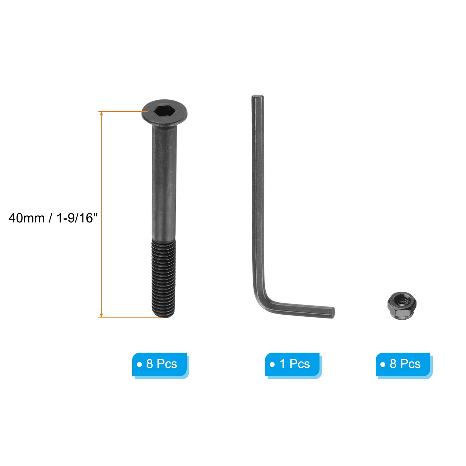 PATIKIL Skateboard Hardware Bolt Kit - 8 Truck Mounting Screws, Bolts & Nuts with L-Shape Hex Wrench for Skateboard, Longboard & Cruiser - Perfect for DIY Skateboard Repair & Maintenance