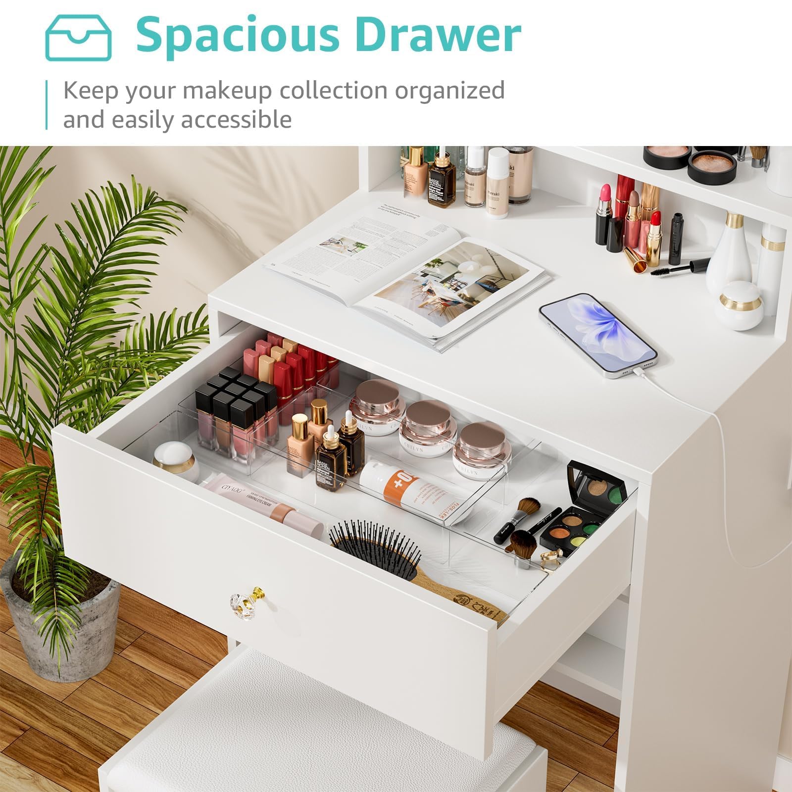 Small Vanity Desk with Mirror & LED Lights - Kids Makeup Vanity Table Set for Girls with Chair & Power Outlet, Compact Space-Saving Dressing Table for Bedroom, Perfect for Birthday Gifts & Princess Room Decor