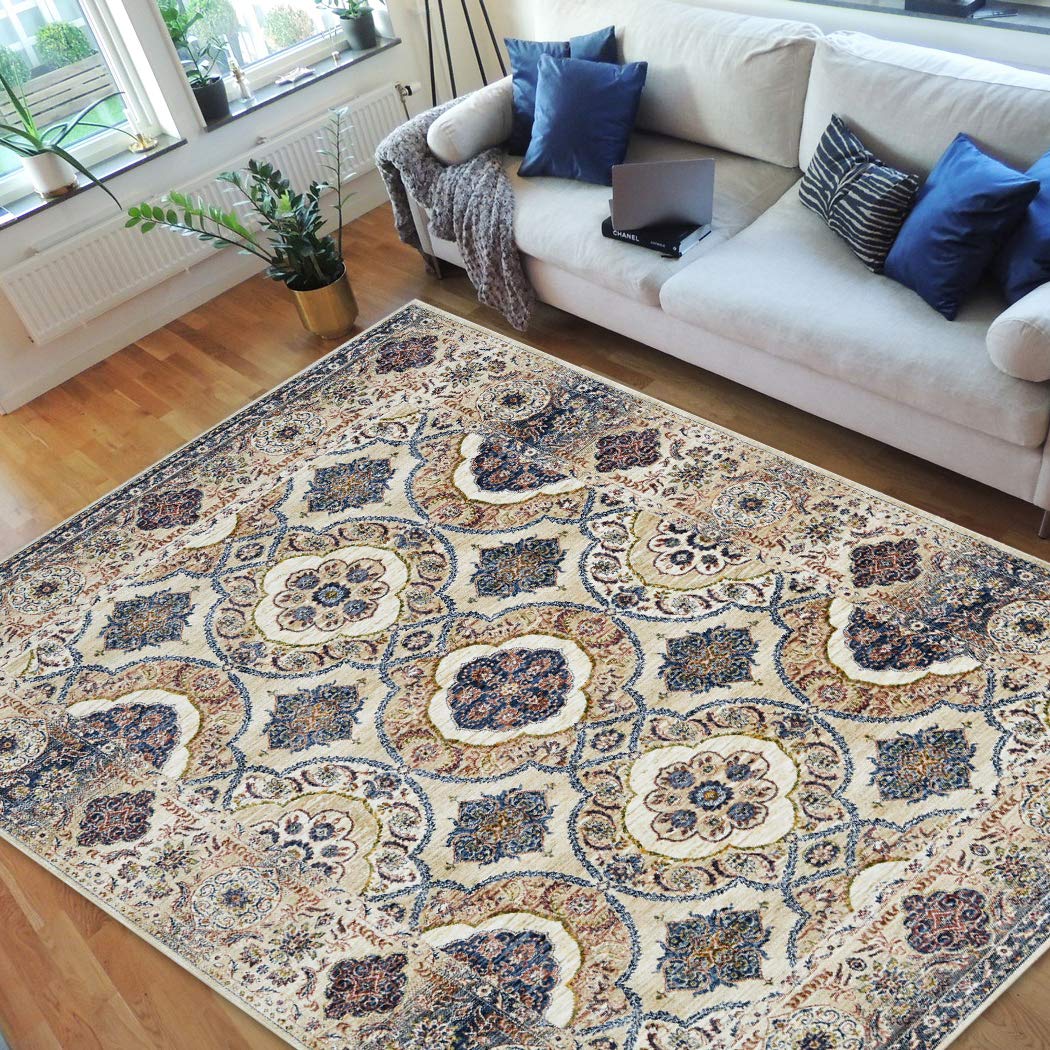 Vintage Persian Oriental Area Rug - 5'x7' Distressed Pearl Multi-Color Bijar Collection Handmade Wool Rug for Living Room, Bedroom & Home Decor