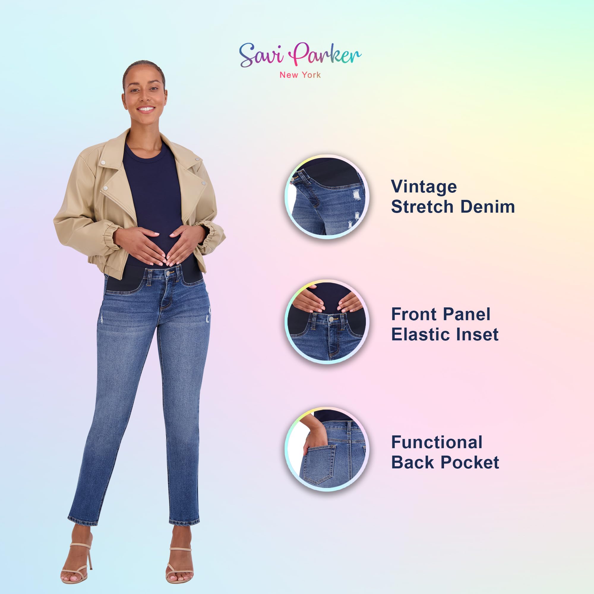 Savi Parker Women's Maternity Jeans Under The Belly - Comfortable Stretch Straight Leg Distressed Denim Pants - 29