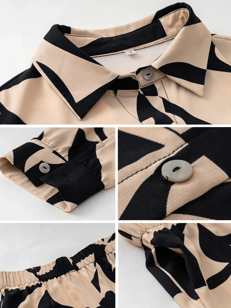2 Piece Women's Outfit Set - Spring Summer Fashion Tops & Elegant Printed Button Pants for Commuting | Office Wear & Casual Chic Outfits