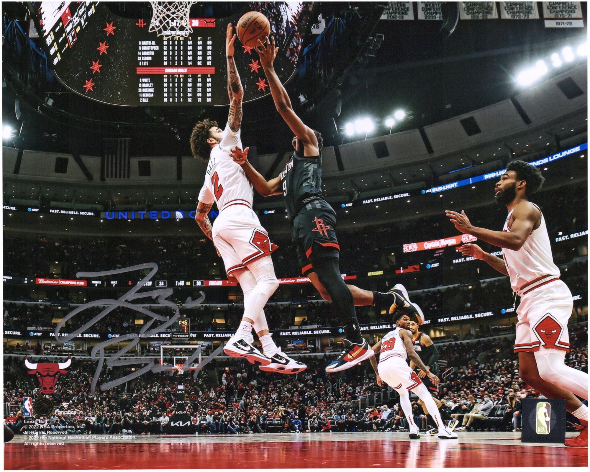 Lonzo Ball Chicago Bulls Autographed 8x10 Photo Block vs Houston Rockets - Signed Basketball Memorabilia - Perfect for Sports Fans, Collectors, and Man Cave Decor