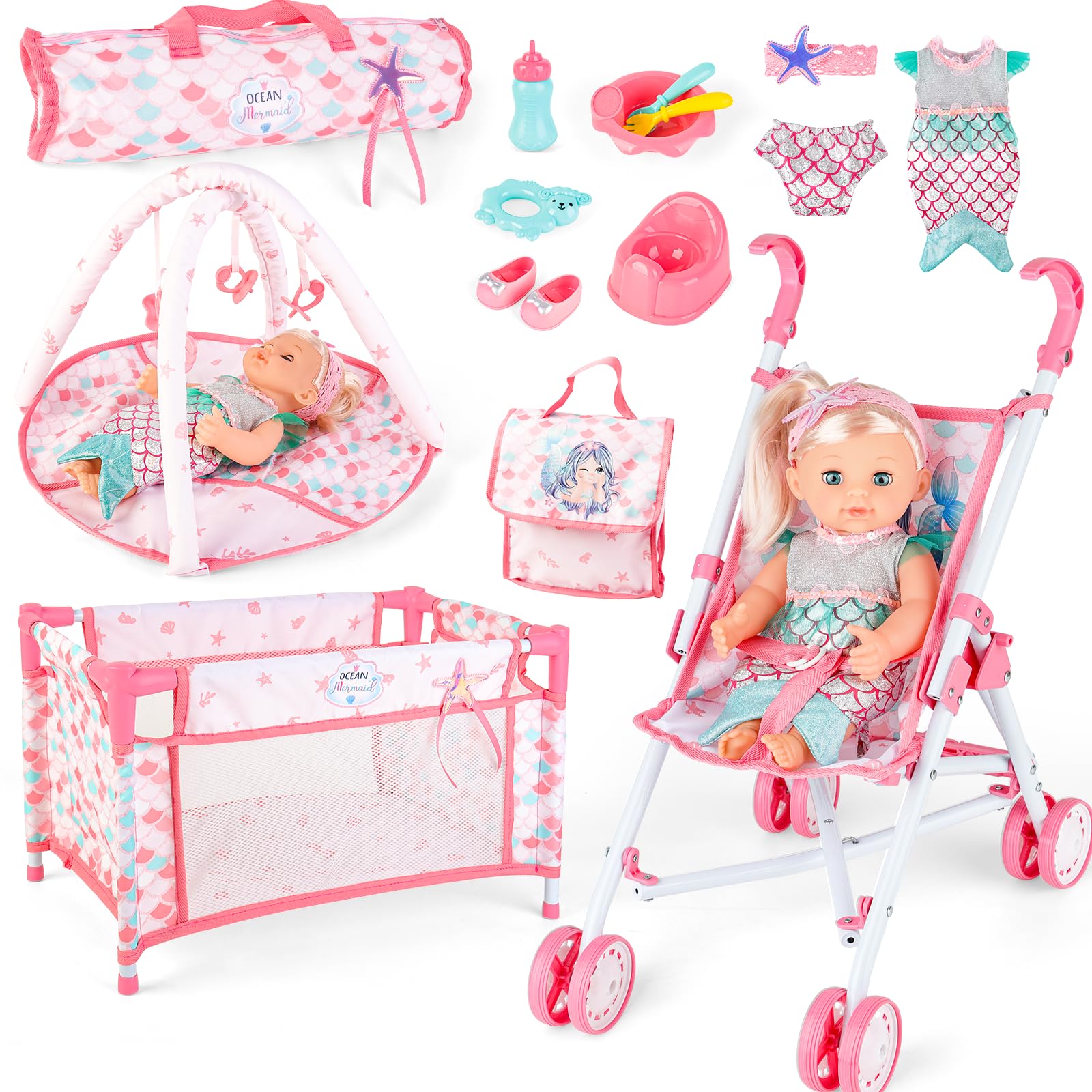deAO Baby Doll Stroller & Crib Bed Set - Foldable Nursery Play Set with Travel Cot, Play Mat & Carry Bag - Perfect for Role Play, Birthday Gifts for Girls & Boys | Indoor Playtime, Pretend Parenting, Travel Companion
