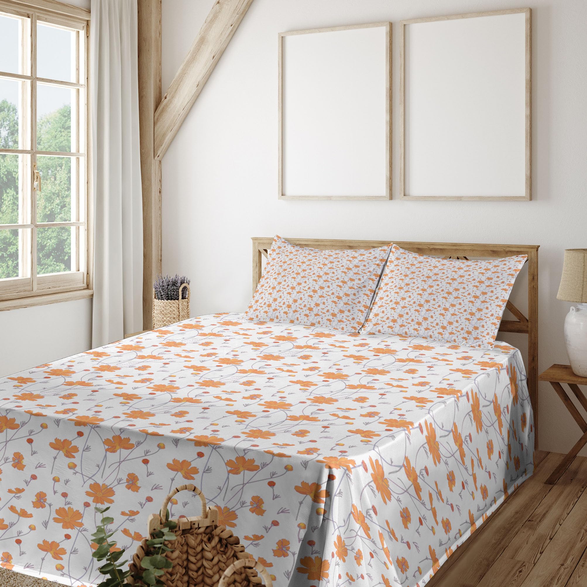 Ambesonne Floral Sheet Set - King Size 4-Piece Bedding with Digitally Printed Cosmos Flowers, Dark Peach & Pale Eggplant - Soft & Breathable for Ultimate Comfort - Perfect for Master Bedroom, Guest Room, and Cozy Home Decor