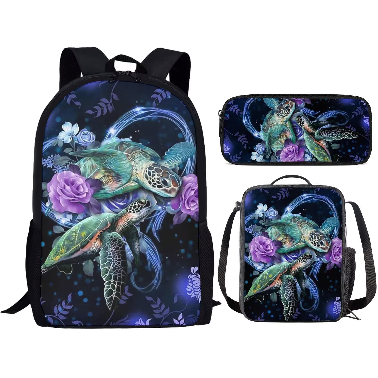 Showudesigns Rose Sea Turtle Print 3-in-1 Backpack Set for Girls - School Backpack with Lunch Box & Pencil Case, Cute Elementary & Middle School Bookbag, Durable Daypack for Kindergarten, Classroom & Outdoor Activities