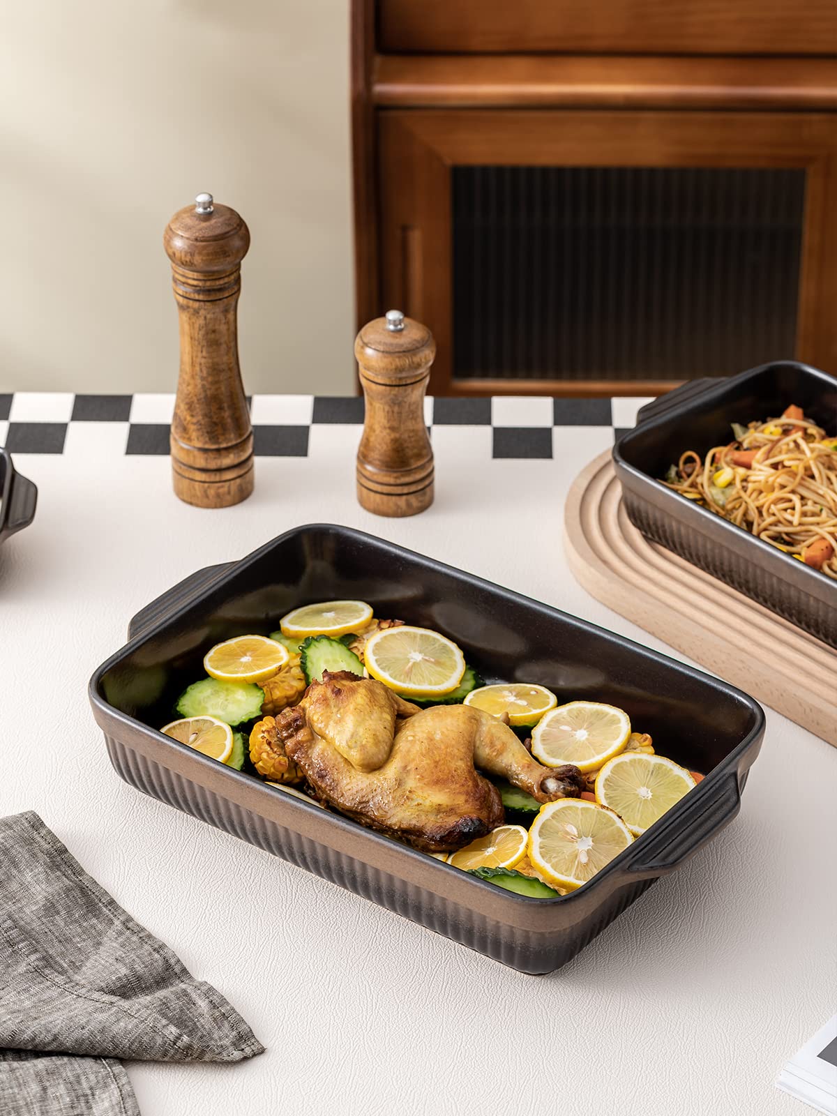 Kanwone 9 x 13 Inch Ceramic Baking Dish Set - Rectangular Lasagna Pan, Casserole Dish, Oven Safe Bakeware for Cooking, Baking & Serving | Matte Black Reactive Glazed Stripe Series | Perfect for Family Dinners, Holiday Meals & Potluck Parties