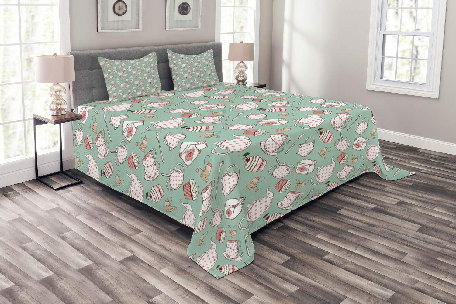 Ambesonne 3-Piece King Size Tea Party Bedspread Set - Polka Dot Teapots, Cups, Cupcake & Cherry Teabag Design, Decorative Bedding Coverlet with 2 Pillow Shams in Almond Green Coral | Perfect for Themed Bedrooms, Tea Lovers' Decor, Vintage-Inspired Home Styling