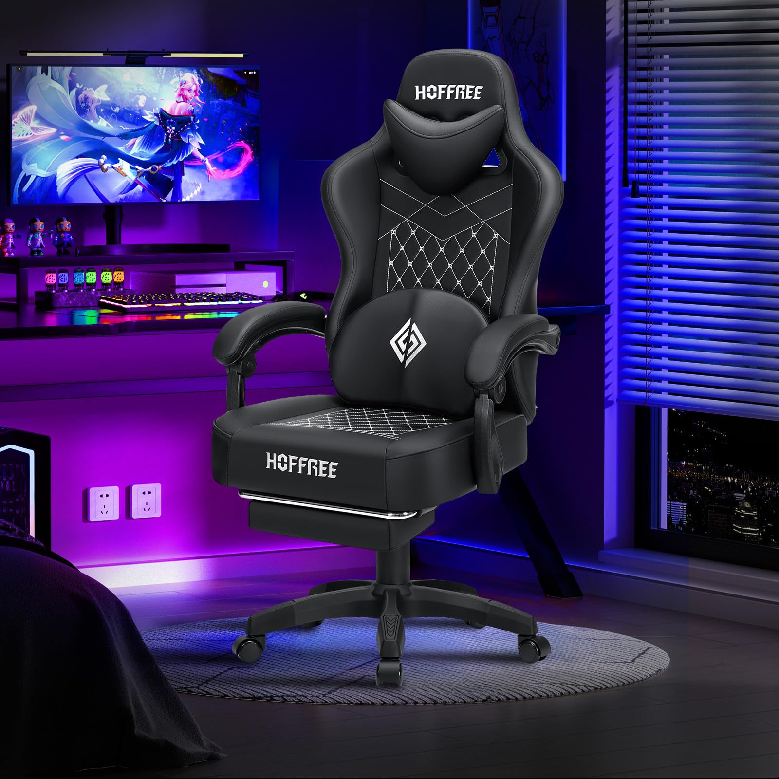 HOFFREE Ergonomic Gaming Chair with Bluetooth Speakers, Massage & Footrest - High Back Reclining Computer Chair for Adults - Perfect for Gaming, Office Work & Home Use - Black