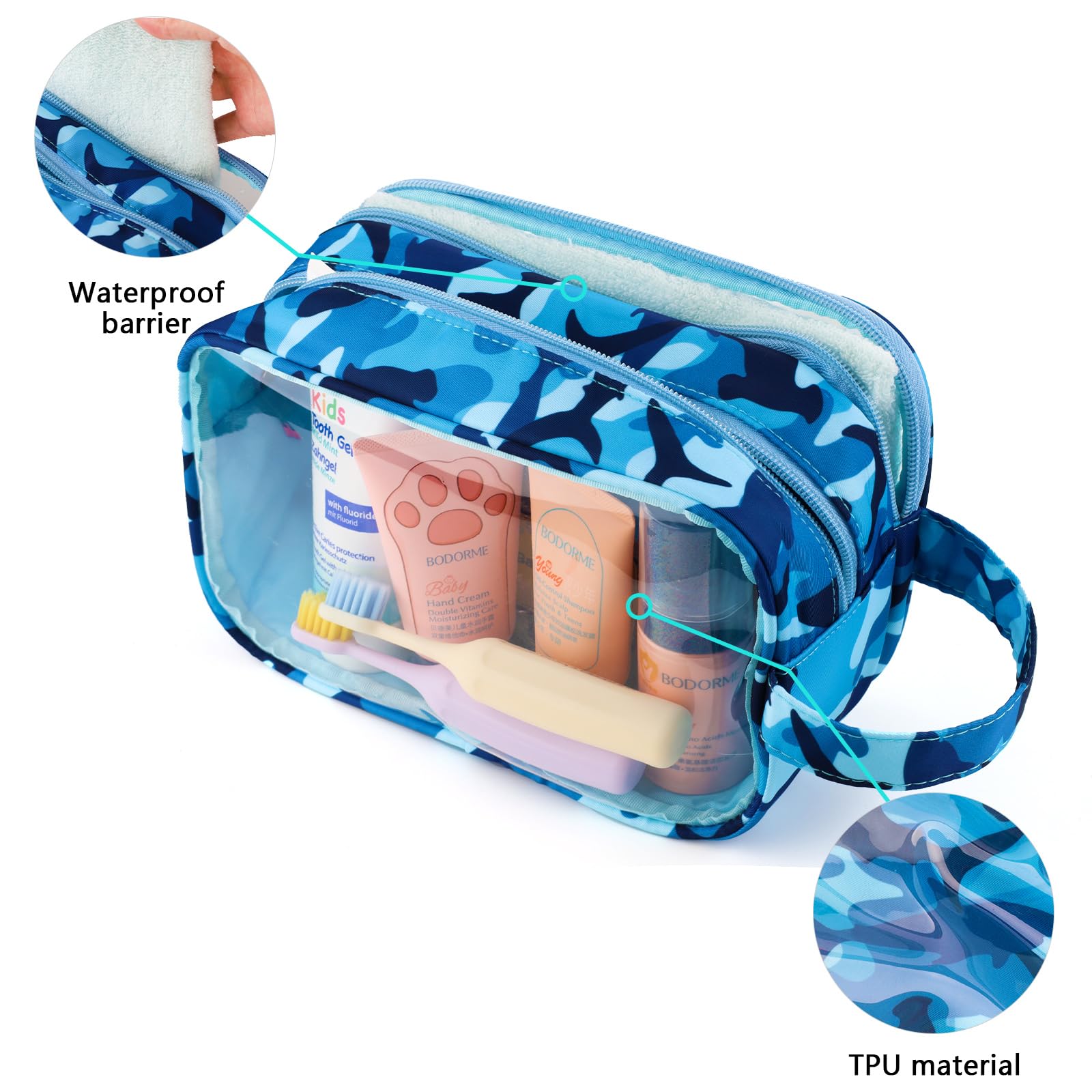 Shark Themed Kids Toiletry Bag for Boys - Waterproof Hanging Travel Cosmetic Organizer with Clear Window | Perfect for Toddler Travel, Camping & Sleepovers (Blue)