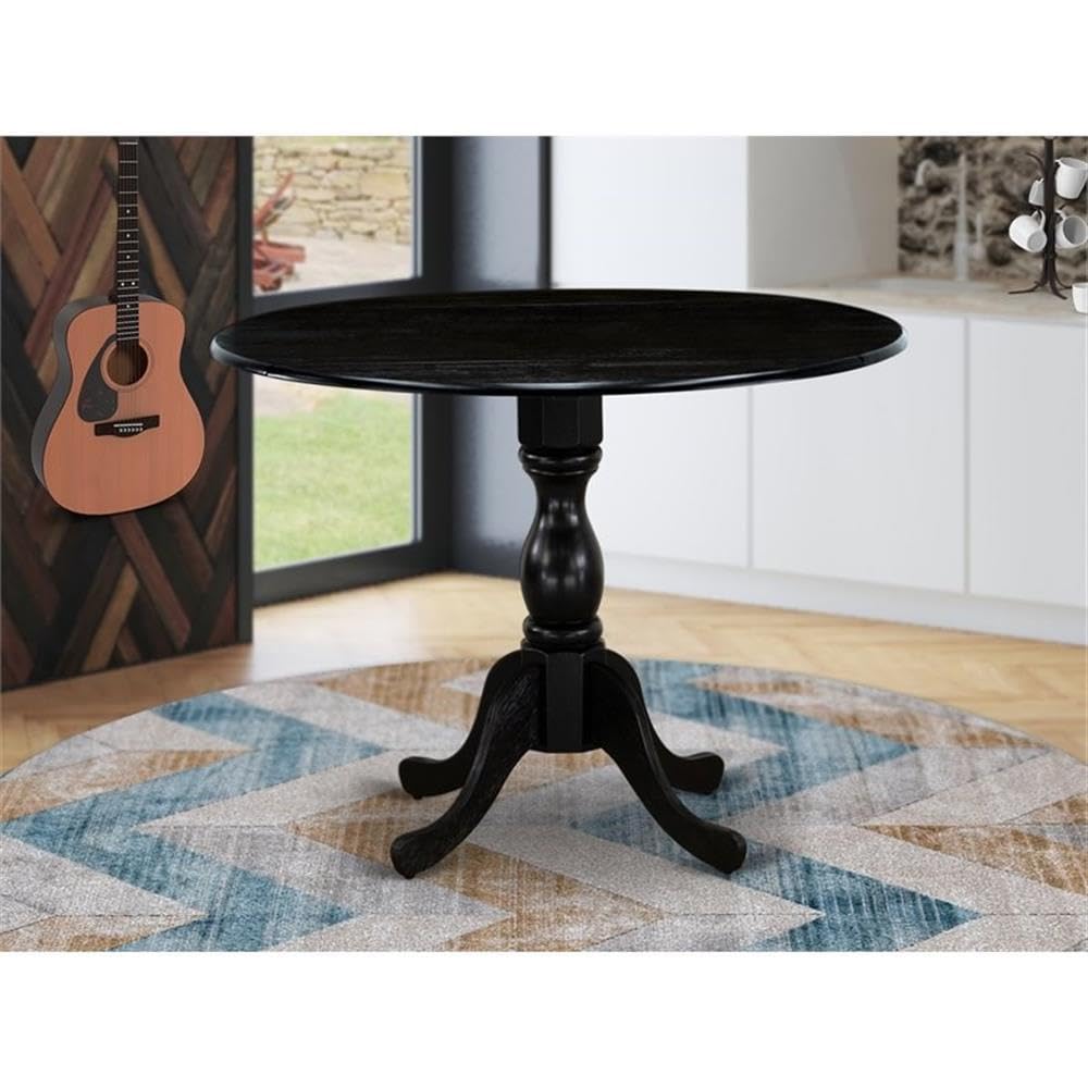 East West Furniture DMT-ABK-TP Dublin Round Wooden Dining Table with Drop Leaf & Pedestal Base - 42x42 Inch, Wirebrushed Black - Perfect for Small Spaces, Breakfast Nooks & Cozy Kitchens