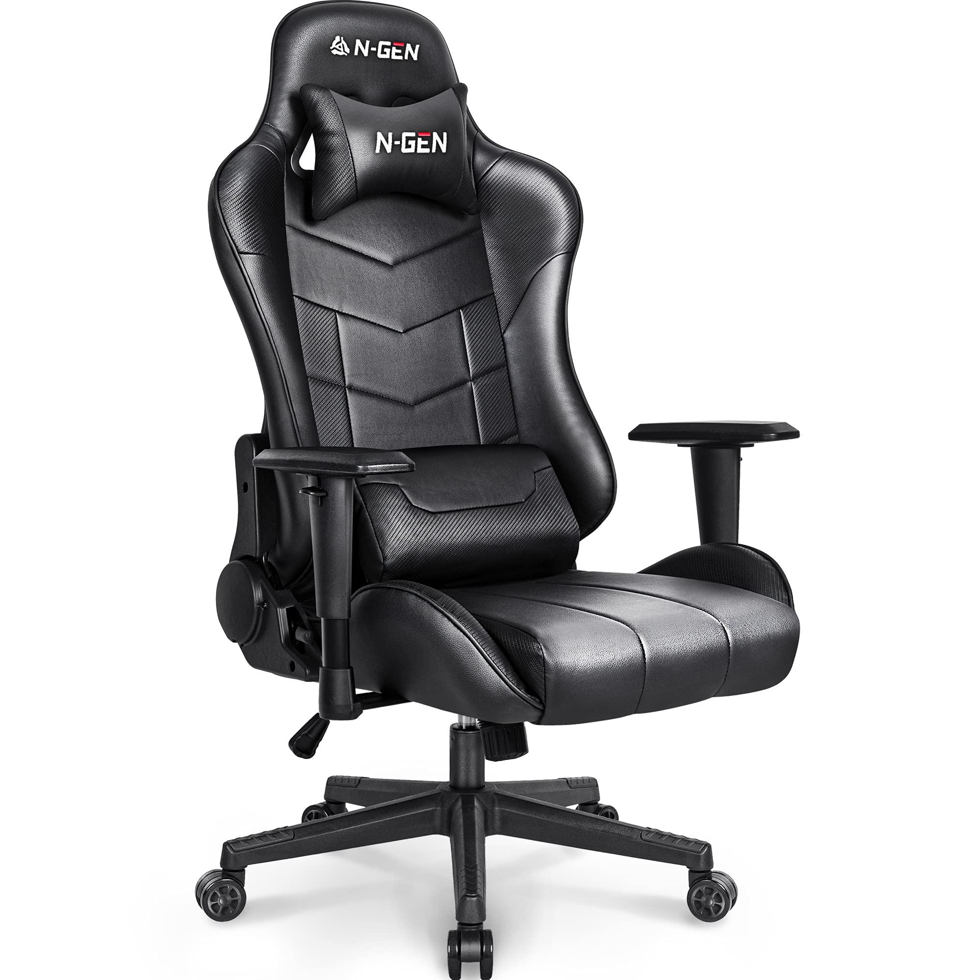 Premium N-GEN Gaming Chair - Ergonomic Office Computer Chair with Adjustable Lumbar Support, High Back Racing Style, Headrest & Swivel - Executive E-Sports Video Game PC Leather Chair with Height & Reclining Features (Black) - Perfect for Long Gaming Sessions, Home Office & Streaming Setup