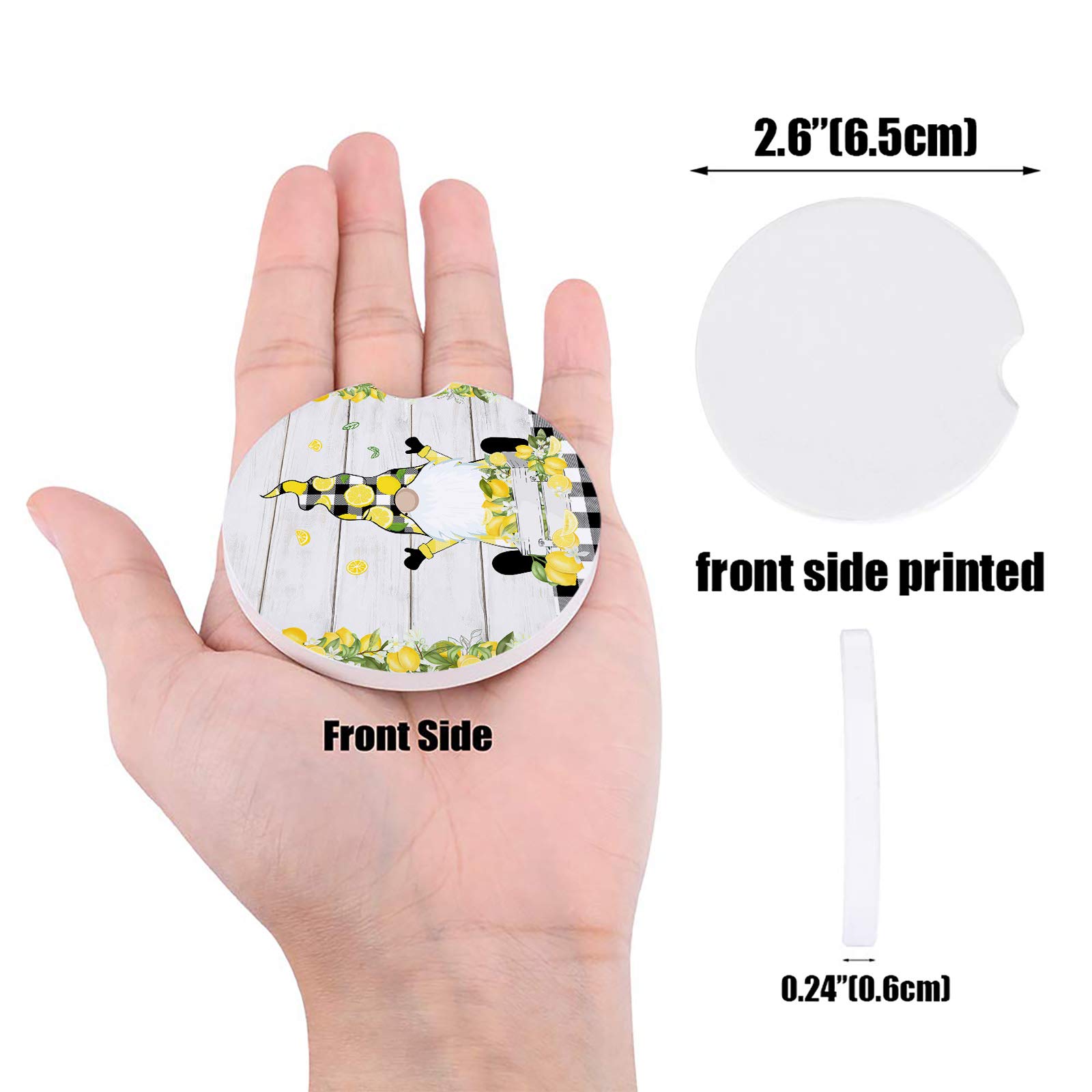 Absorbent Car Coasters for Drinks - Pack of 2/4/6, Summer Lemon Funny Gnome Buffalo Ceramic Stone Cup Holder - 2.56 Inch Non-Slip Drink Coasters Set for Car, Truck & Vehicle Interior Accessories - Perfect for Road Trips, Commuting & Daily Use