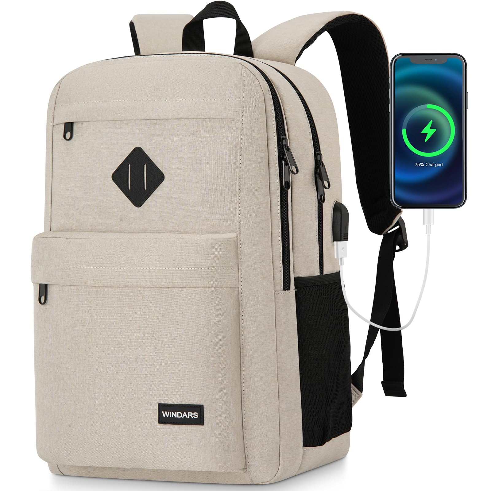 Stylish 15.6 Inch Laptop Backpack for Men & Women - Durable School Bookbag with USB Charging Port & 2 Compartments - Perfect for College, Work, Travel & Business (Beige) - Ideal for Daily Commute, Campus Life & Business Trips