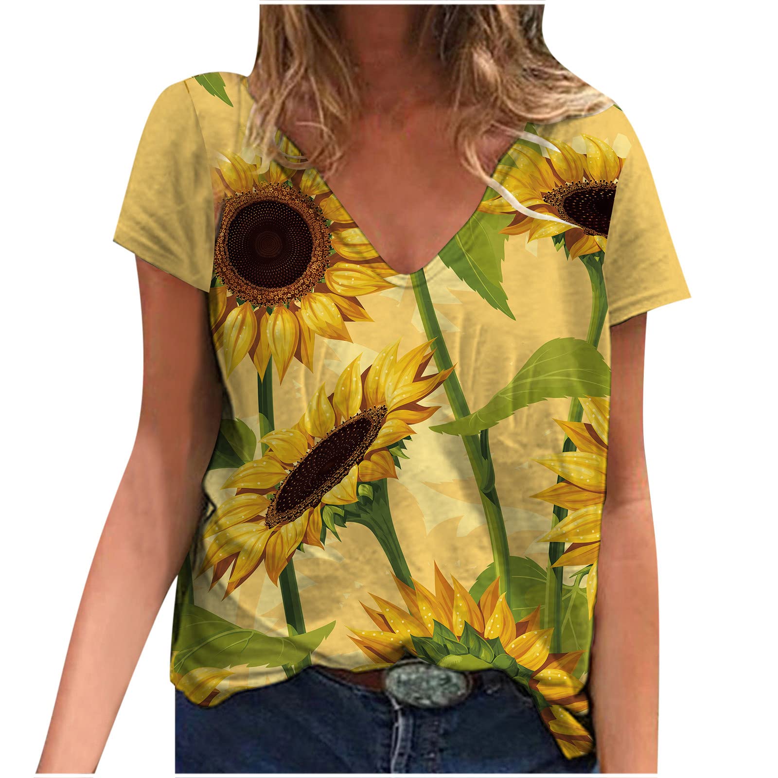 **Sunflower Graphic T-Shirts for Women – Cute V-Neck Floral Summer Tops, Casual & Comfy Blouses | Perfect for Beach Outings, Picnics, and Everyday Wear**
